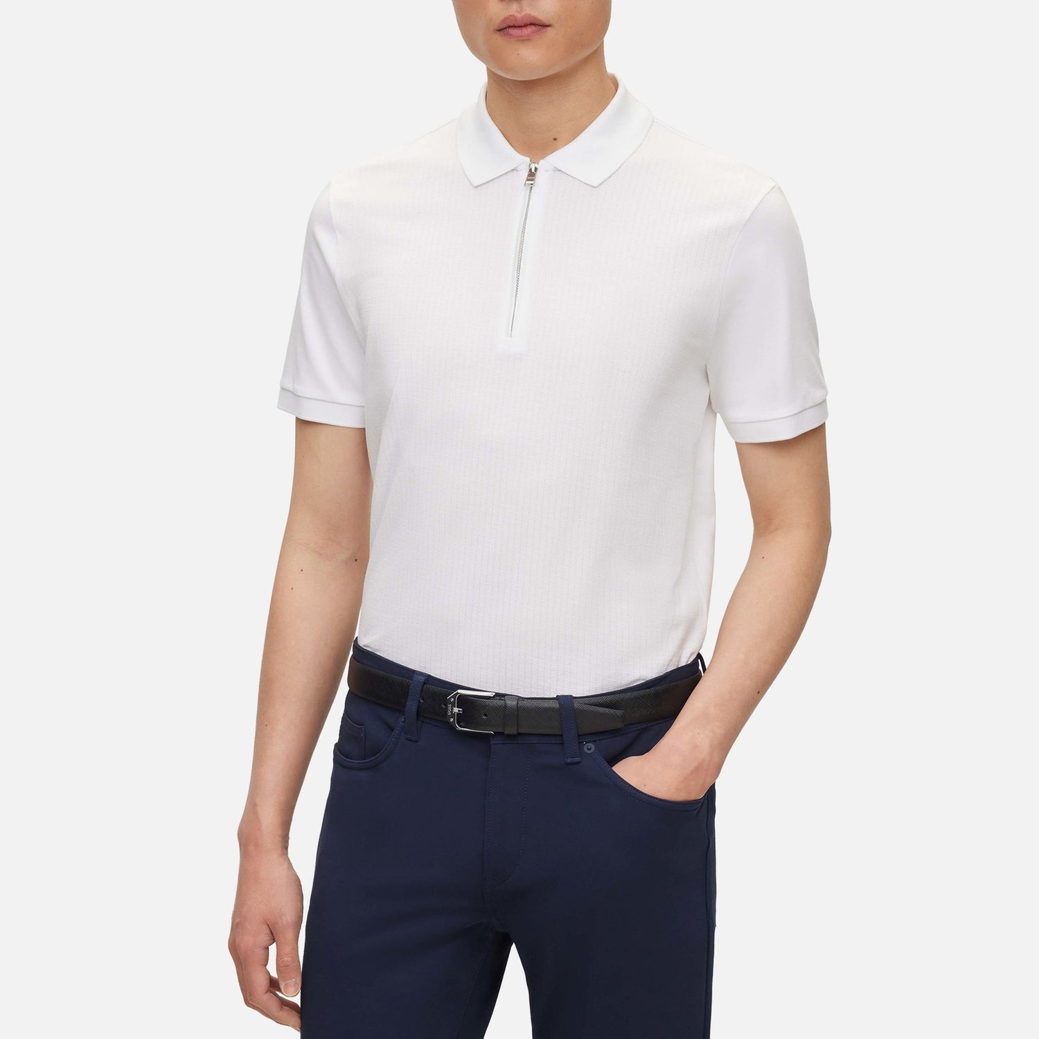 BOSS Black Polston Ribbed Cotton-Piqué Zipped Polo Shirt - S