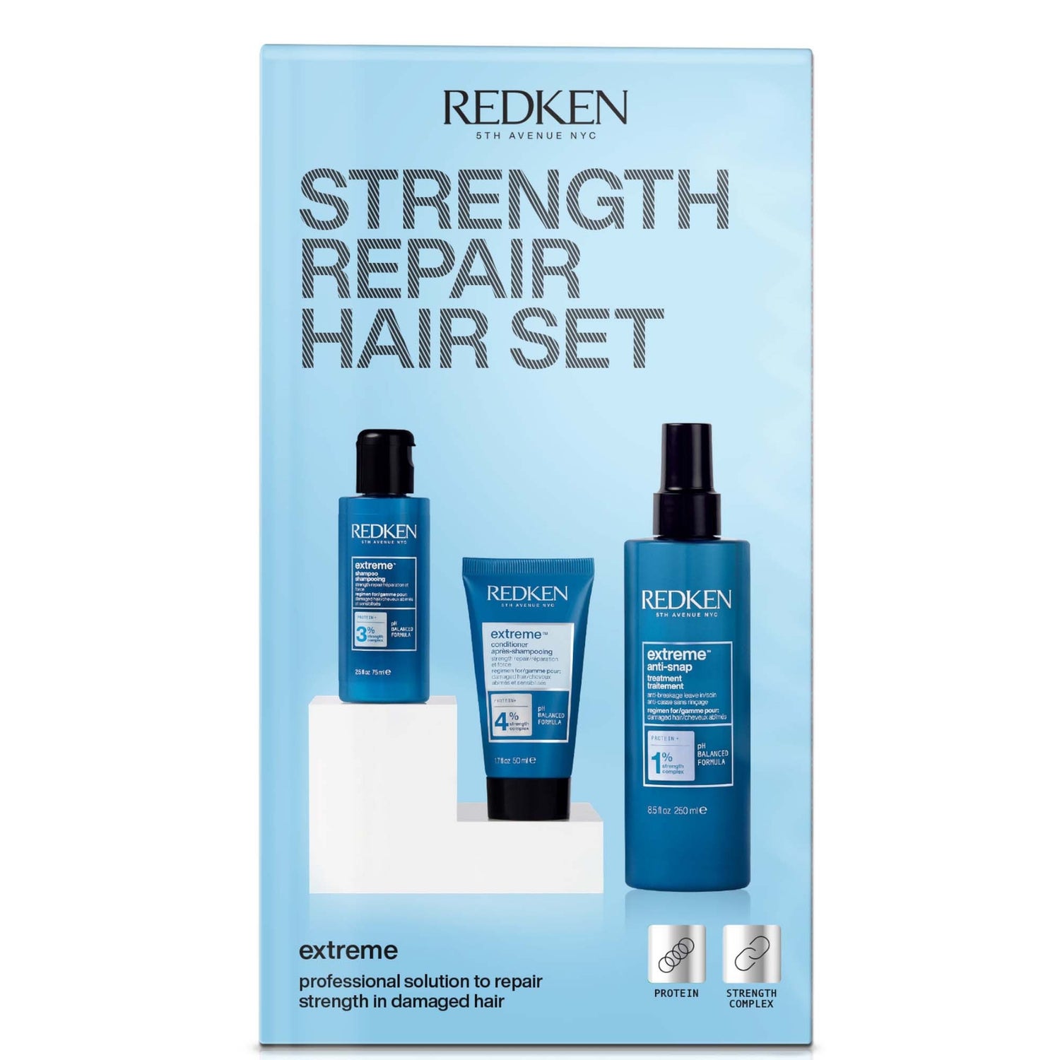 Redken Strength Repair Set for Damaged Hair, Shampoo 75ml, Conditioner 50ml and Anti Snap 250ml