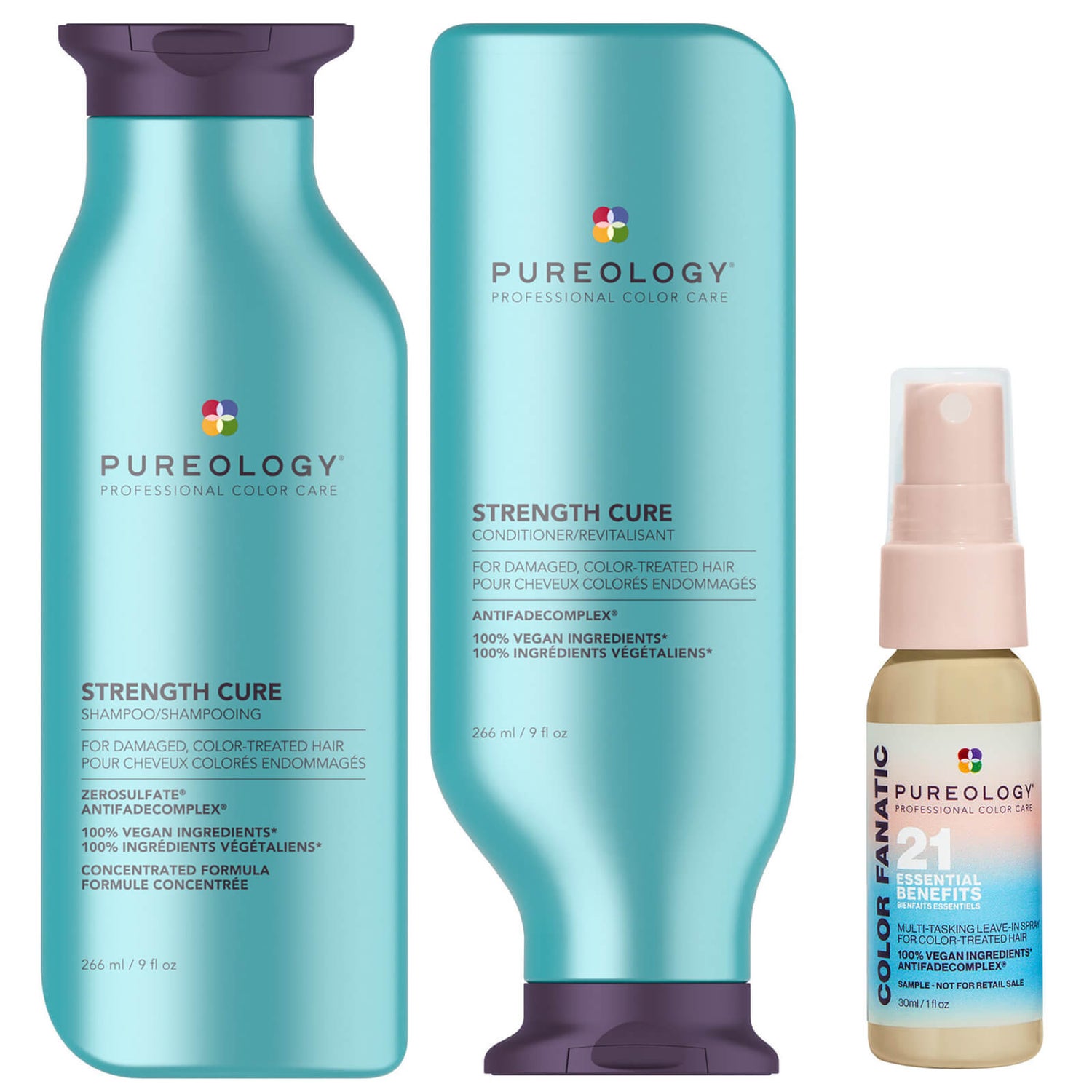 Pureology Strength Cure Shampoo 266ml, Conditioner 266ml and Color Fanatic 30ml Mini Routine for Coloured Hair (Worth £58.18)
