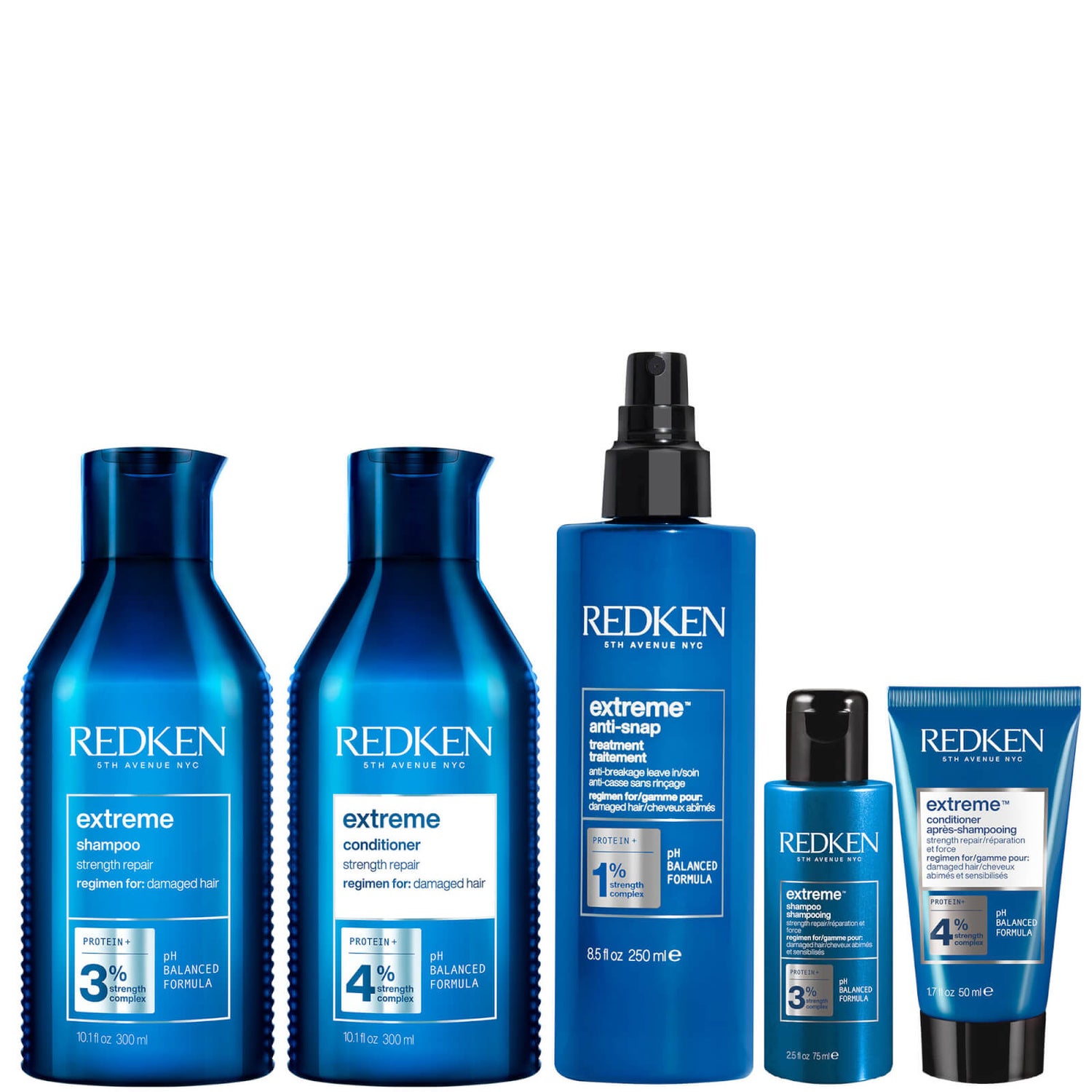 Redken Extreme Shampoo 300ml, Conditioner 300ml, Anti-Snap 250ml + Shampoo and Conditioner Travel Sizes Bundle (Worth £81.01)