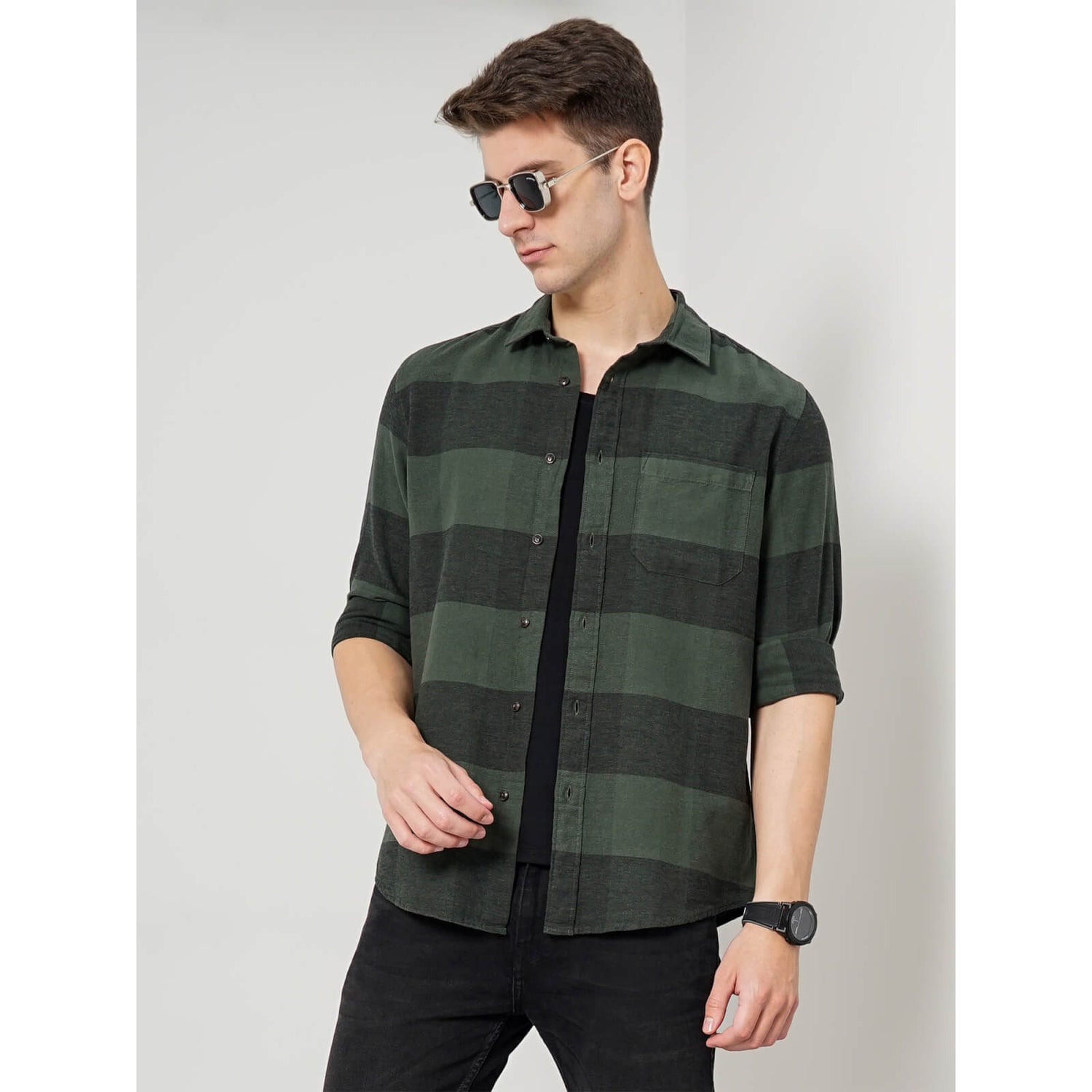 Dark green check shirt store