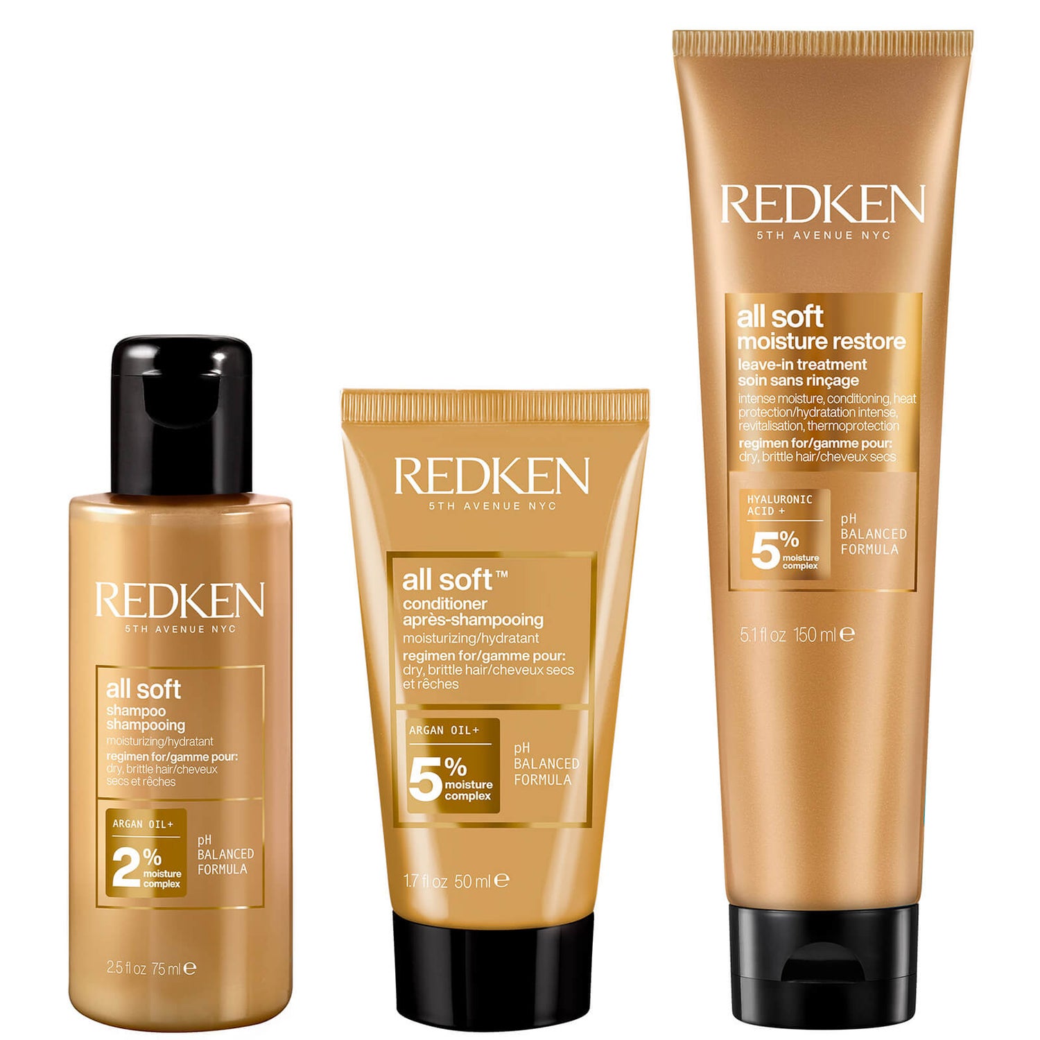 Redken All Soft Shampoo 75ml, Conditioner 30ml and Leave-in Treatment 150ml Bundle for Dry and Brittle Hair