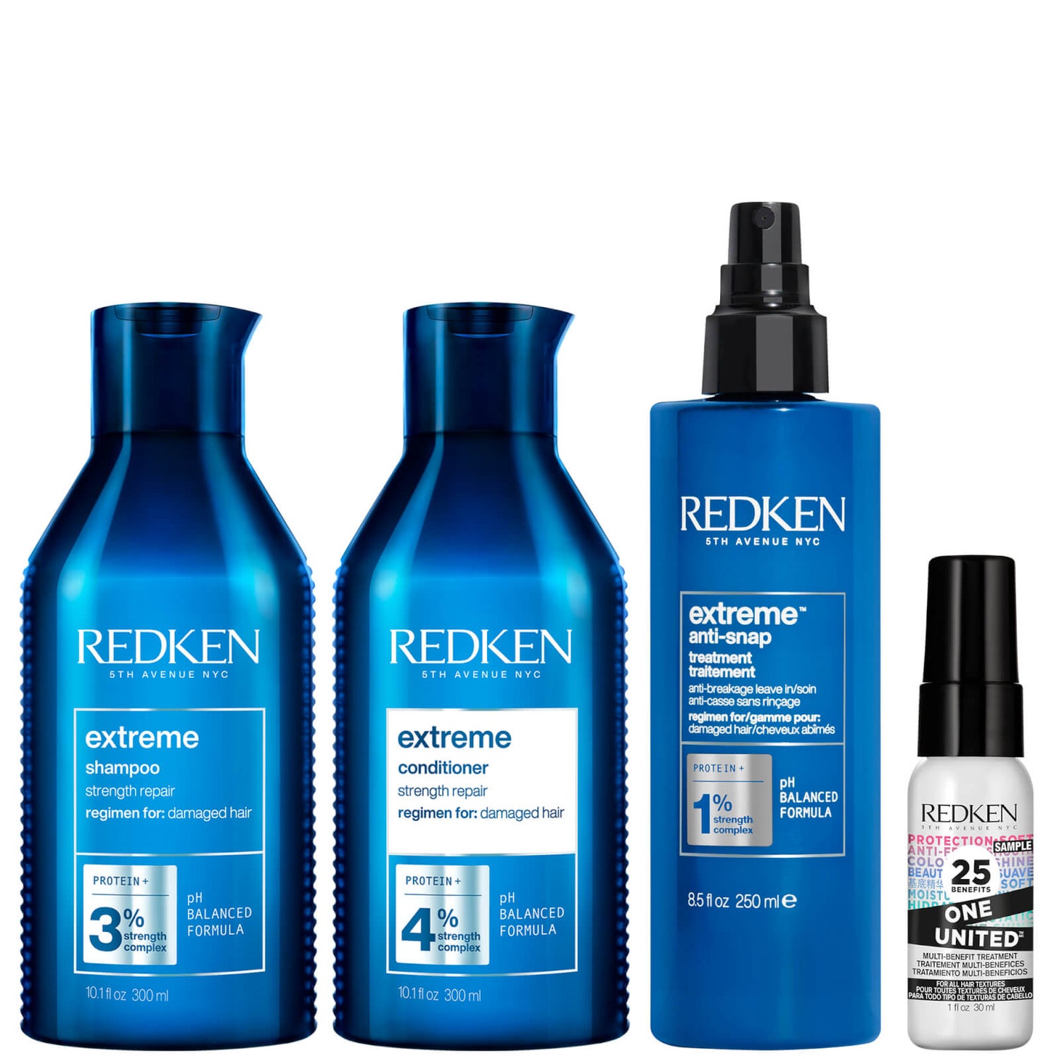 Redken Extreme Shampoo 300ml, Conditioner 300ml, Anti Snap 250ml and One United 30ml Routine Bundle for Damaged Hair