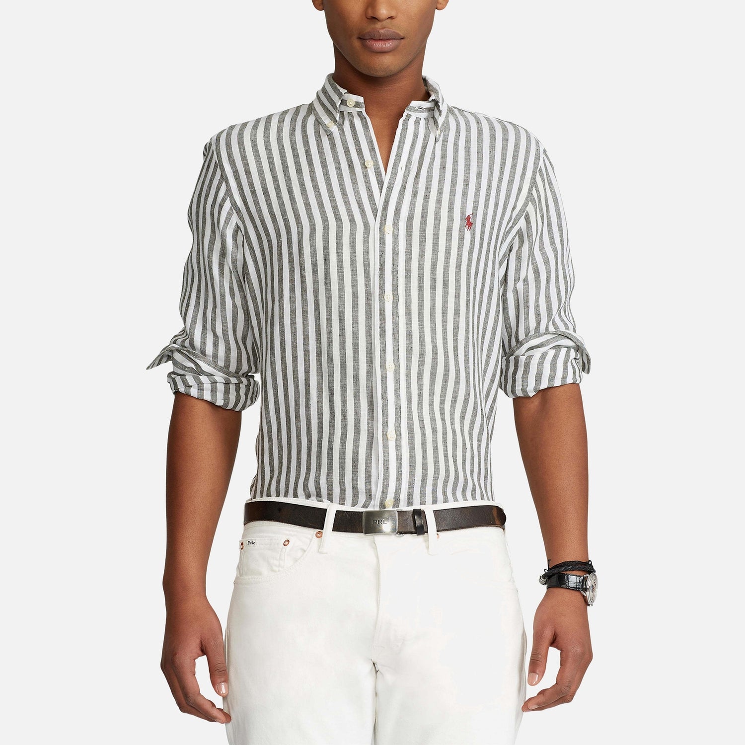 Polo Ralph Lauren Gestreiftes Custom-Fit Leinenhemd - Olive/White - L
