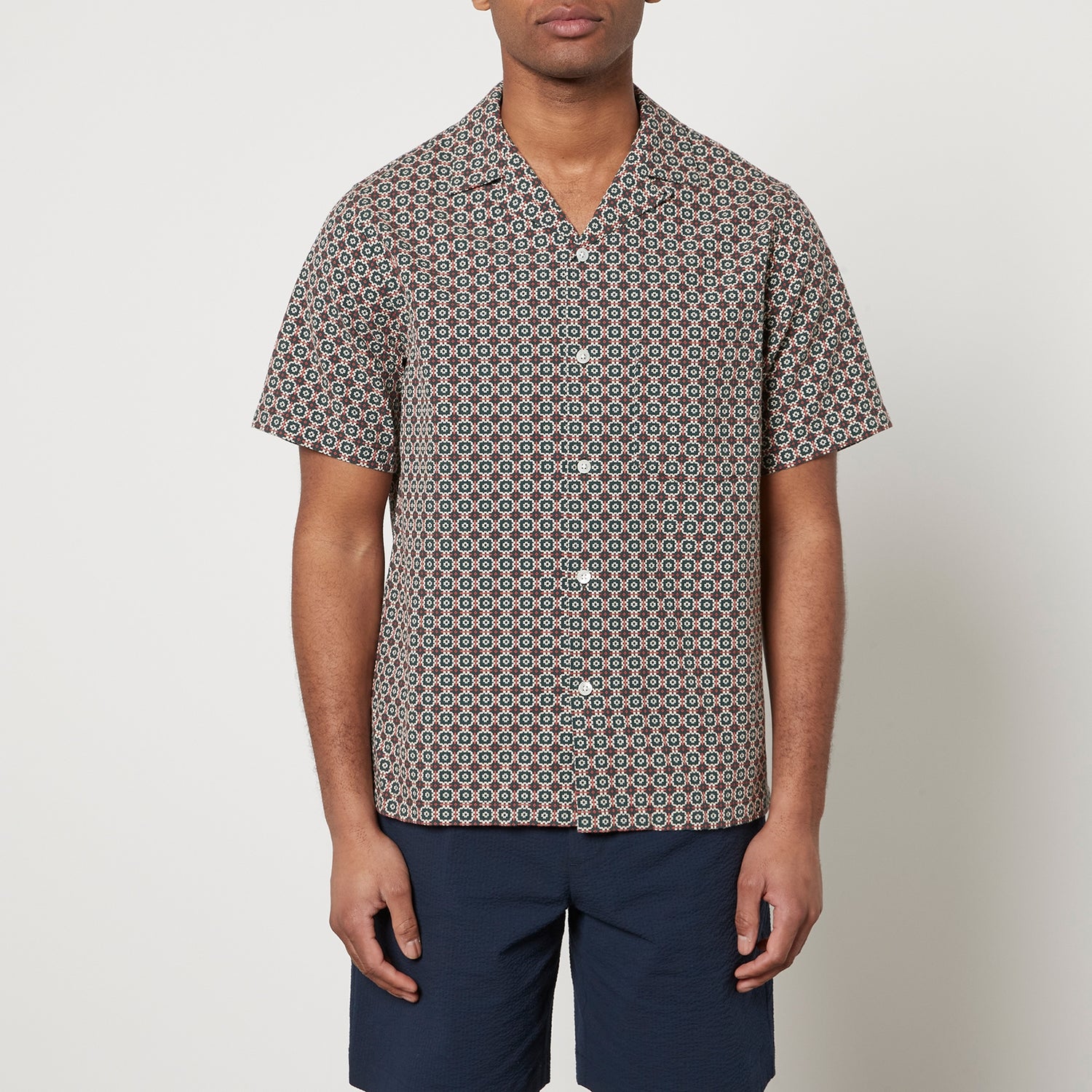 Portuguese Flannel Tile Embroidered Cotton Short Sleeve Shirt - L