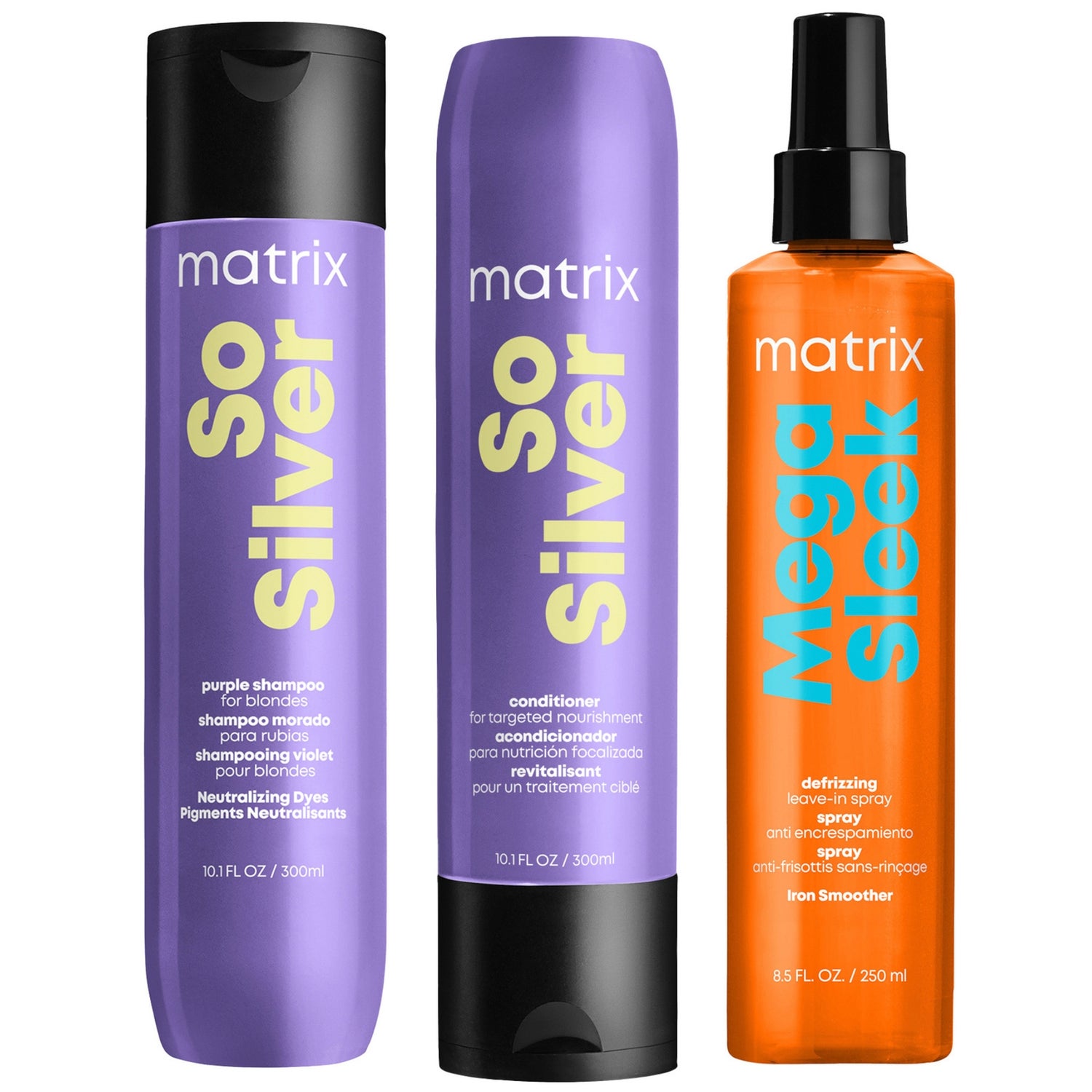 Matrix So Silver Purple Shampoo and Conditioner For Blonde, Silver and Grey Hair and Anti-Frizz Mega Sleek Iron Smoother Bundle