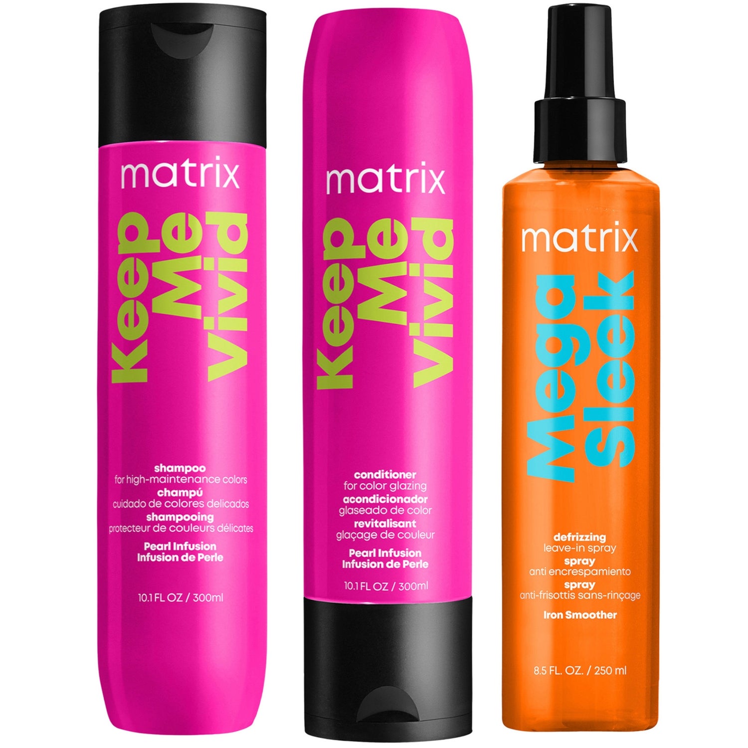 Matrix Keep Me Vivid Colour Protecting Shampoo and Conditioner For Coloured Hair + Anti-Frizz Mega Sleek Iron Smoother Bundle