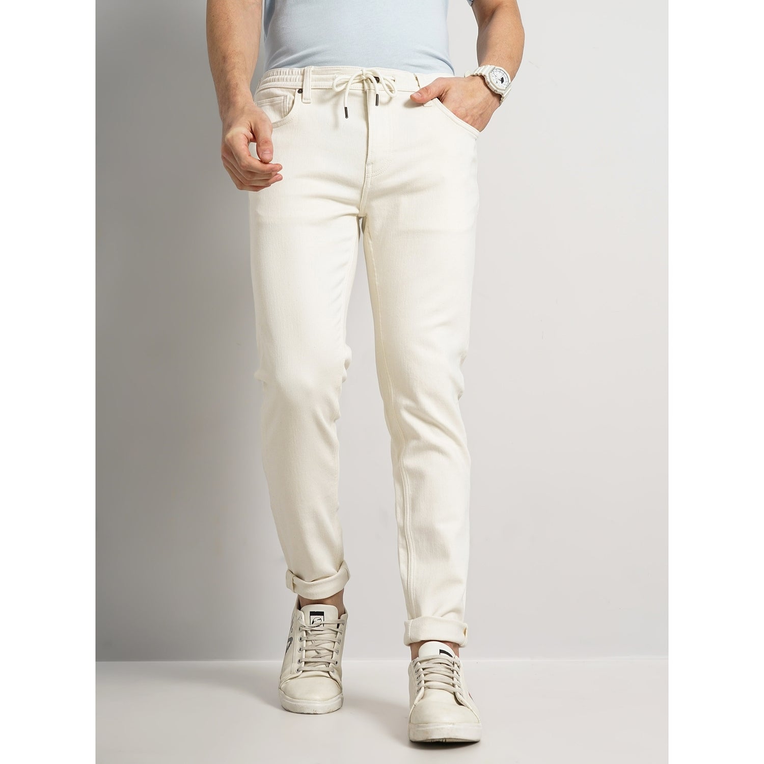 Men Beige Slim Fit Cotton Denim Jogger GOSUPER Celio