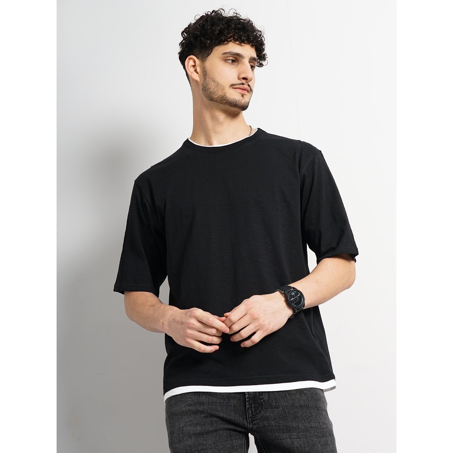 Men Black Solid Regular Fit Cotton Denim Tshirt GETWIN1 Celio