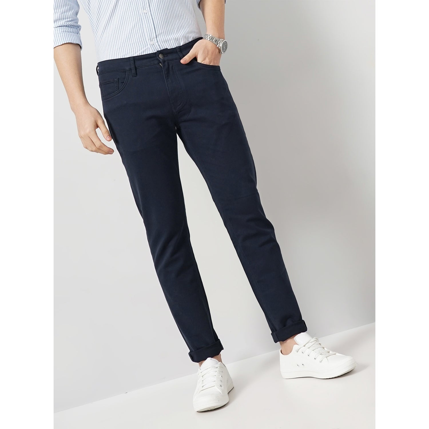 Men Navy Blue Solid Slim Fit Dobby Cotton Pants Casual Trousers GOFIVE Celio