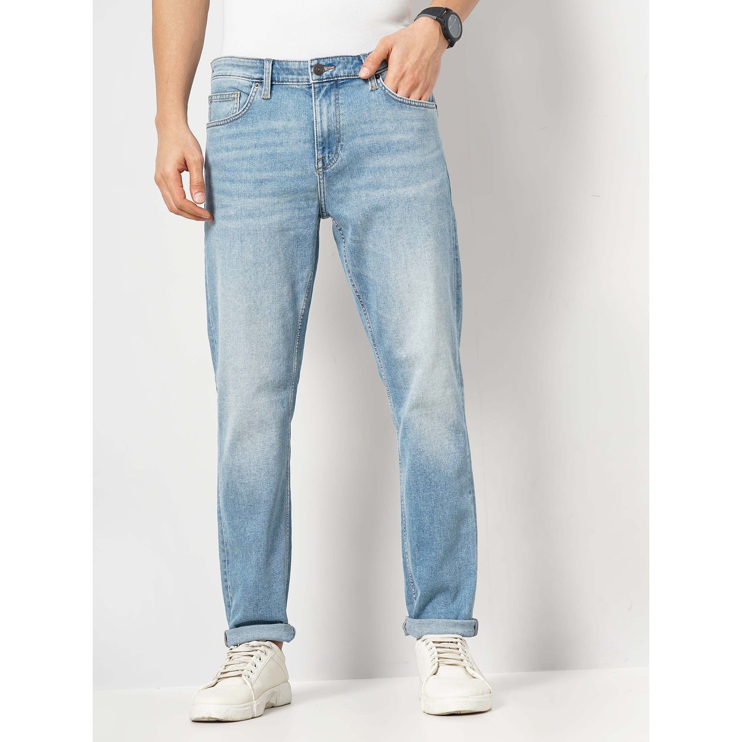 Men Light Blue Solid Slim Fit Cotton Stretch Twill Denim Jeans FOSLIM Celio