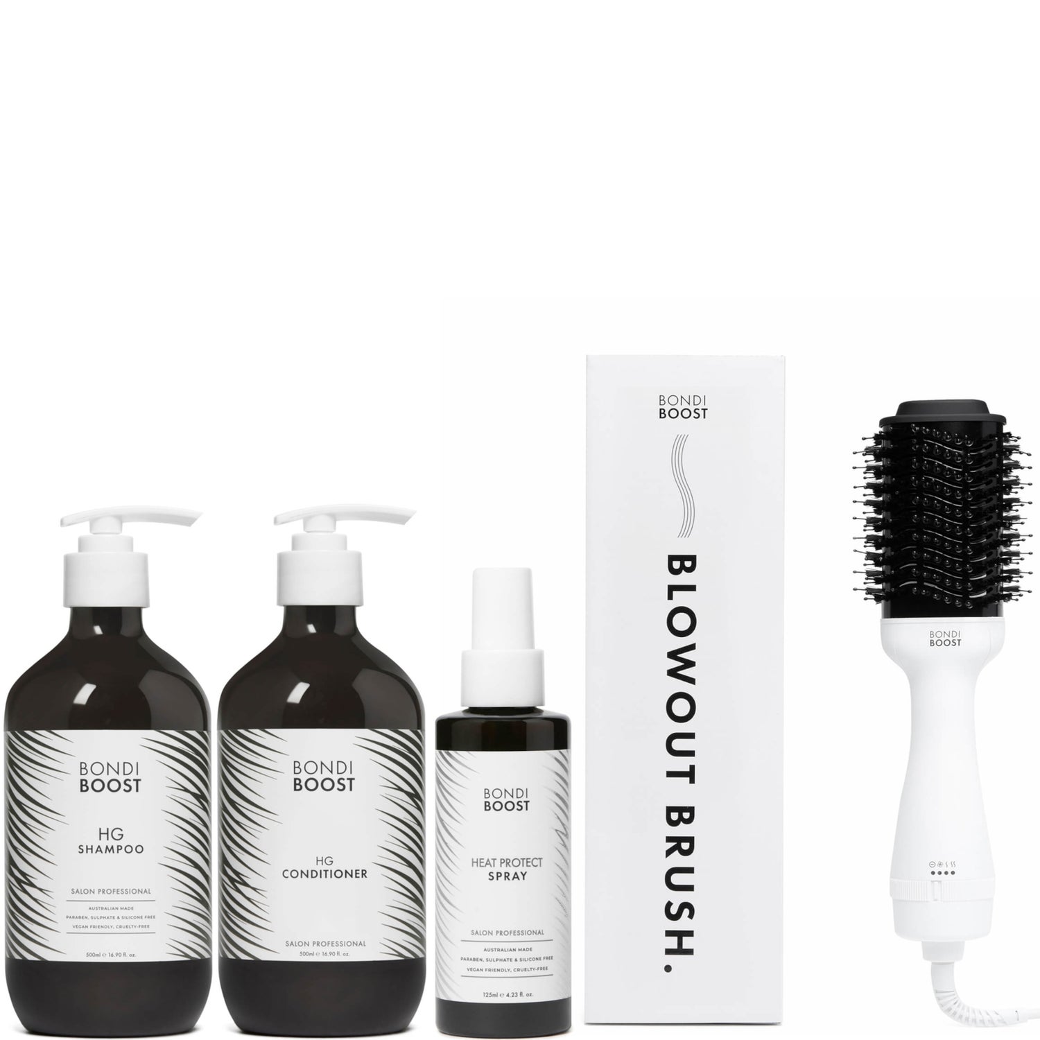 BondiBoost Blow out 75mm Brush, Heat Protect Spray and HG Shampoo and Conditioner Bundle