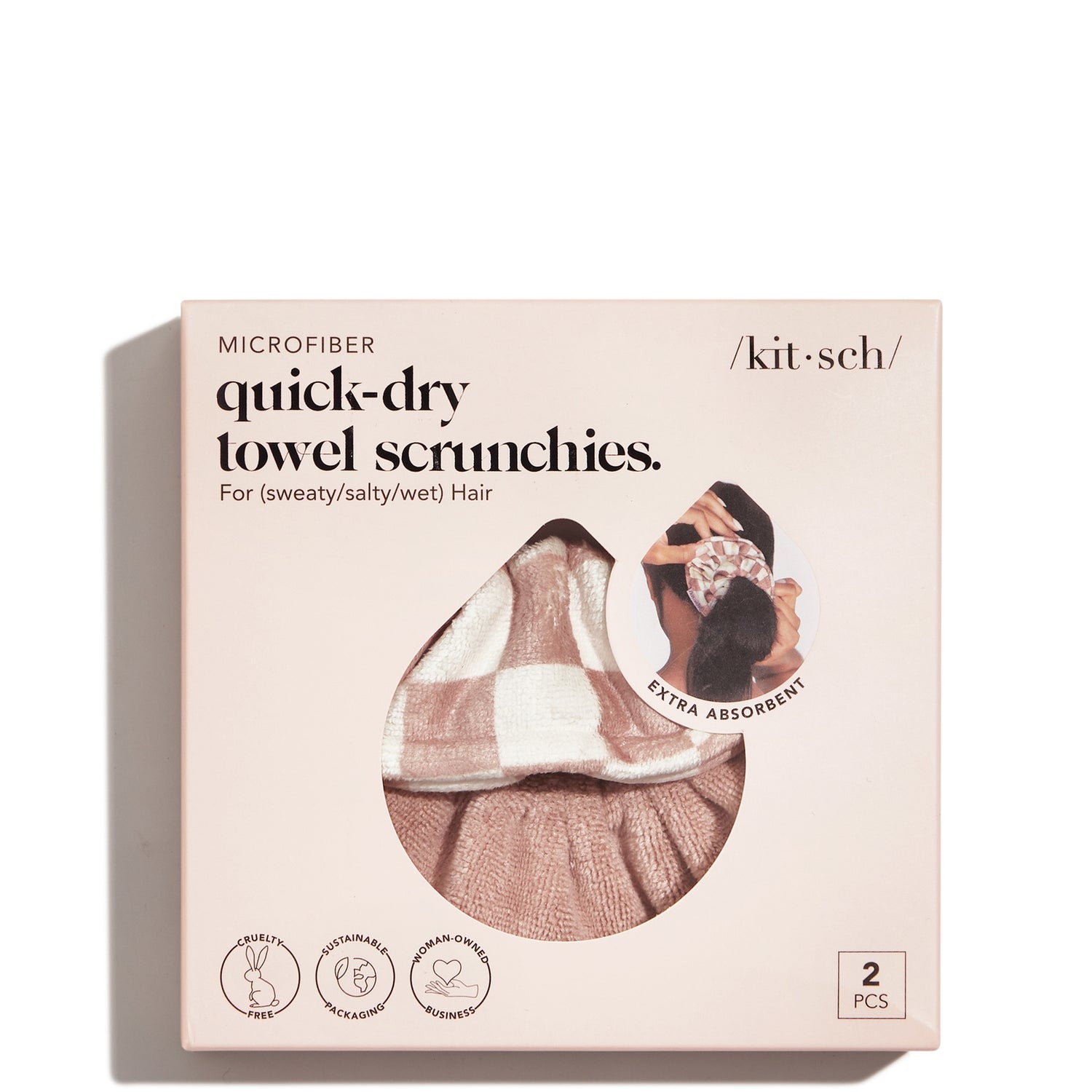 Kitsch Microfiber Quick-Dry Terracotta Checker Towel Scrunchies 2 Piece Set