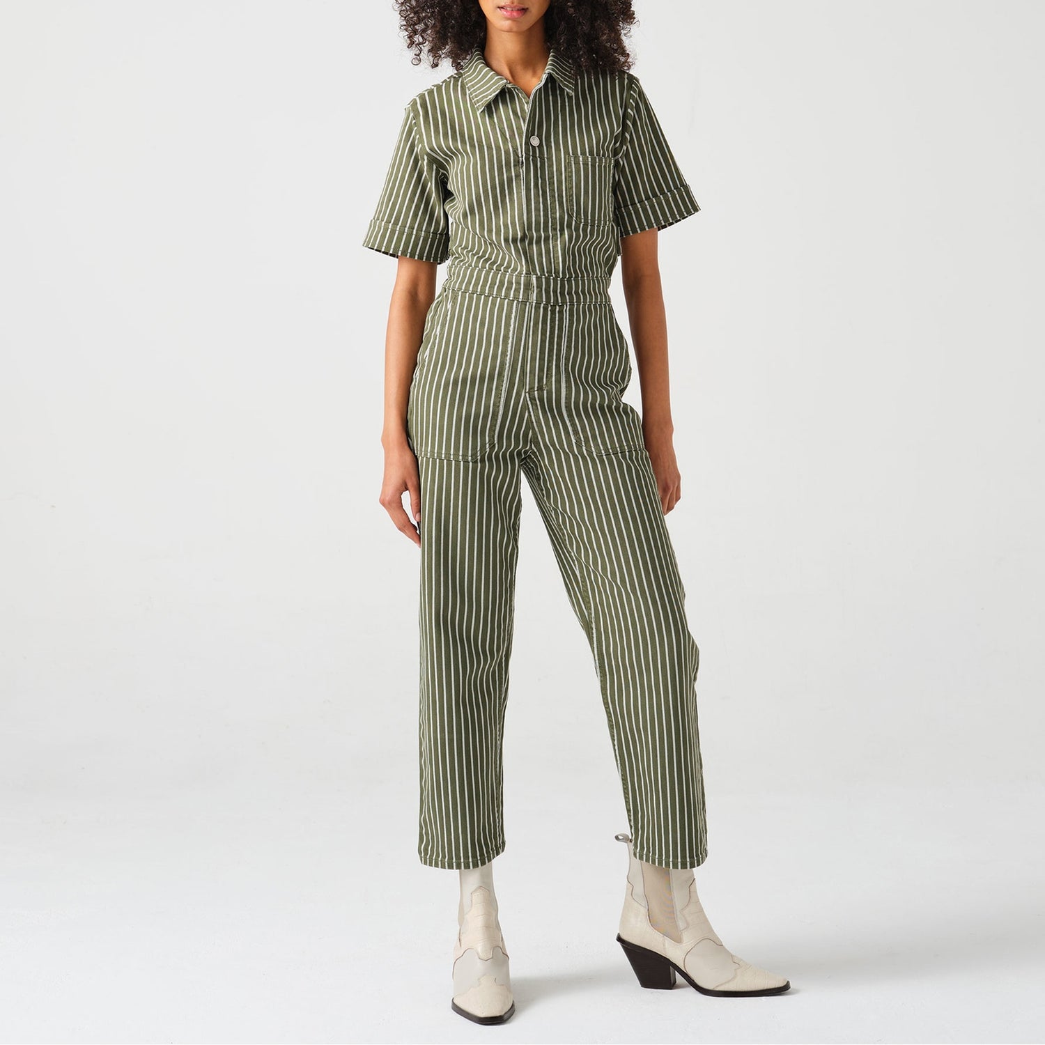 Striped denim jumpsuit clearance