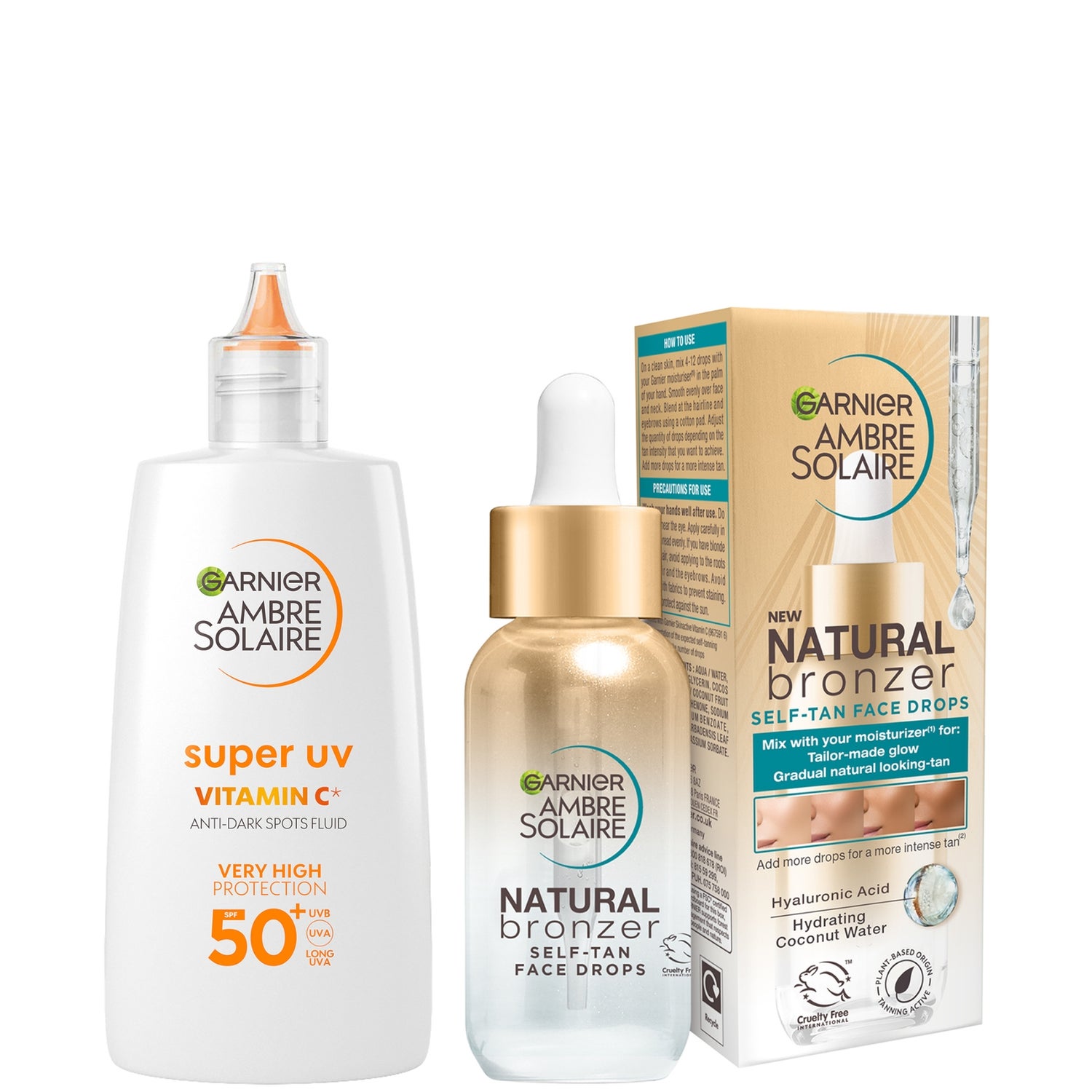 Garnier Glow and Protect Duo: Natural Bronzer Self-Tan Drops and Ambre Solaire Vitamin C Facial SPF50+ Fluid