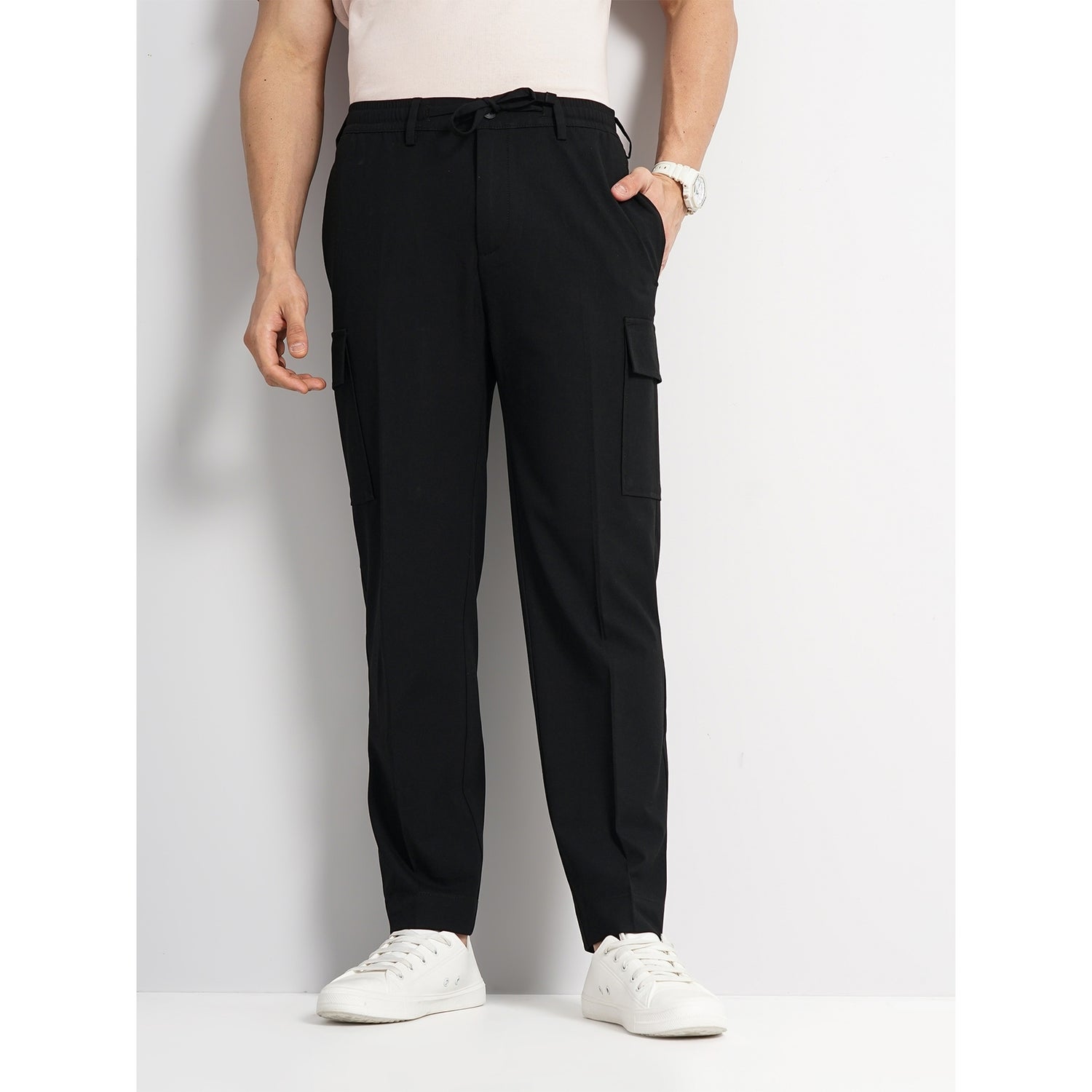 Men Black Solid Straight Fit Polyester Cargo Trousers GOTRAVEL Celio