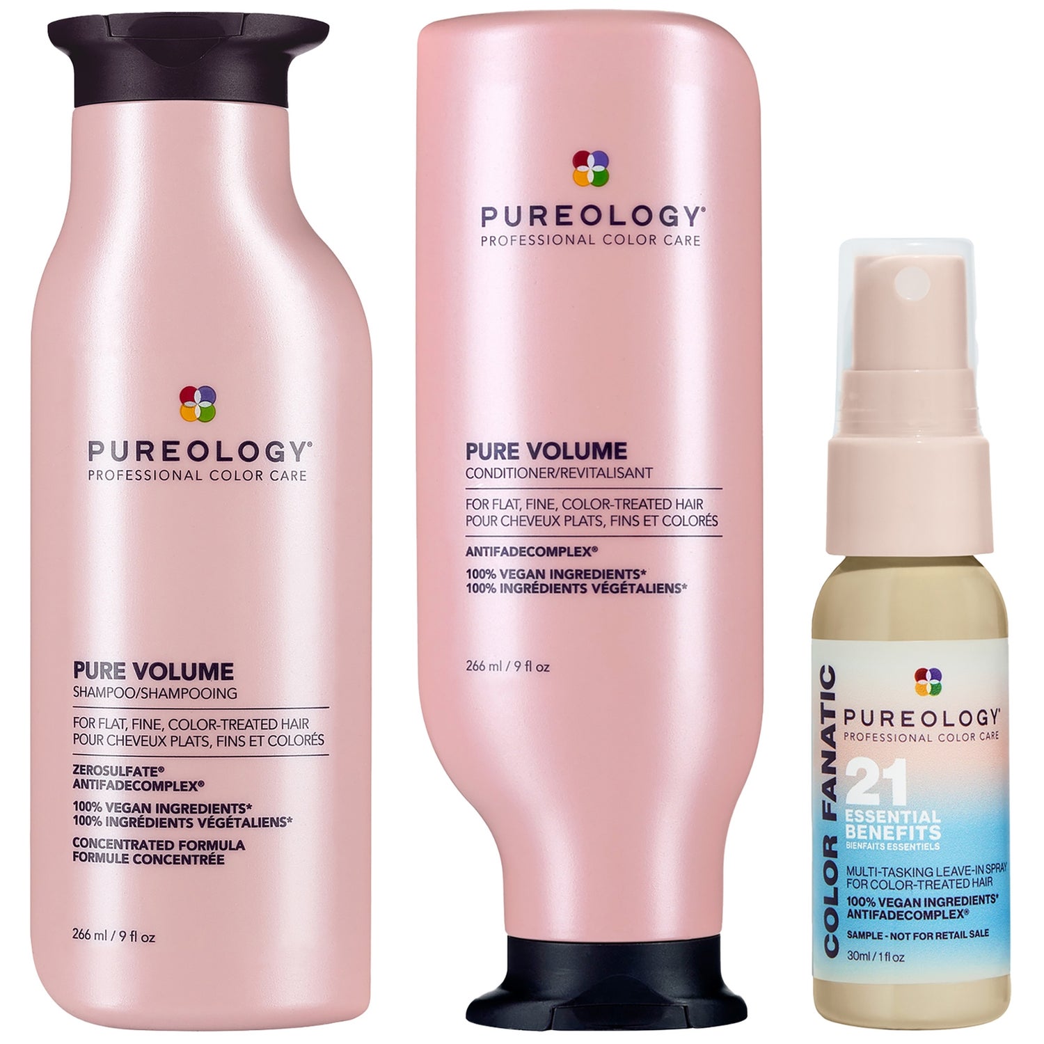 Pureology Pure Volume Shampoo and Conditioner with Color Fanatic Spray Bundle for Flat Fine Colour Treated Hair
