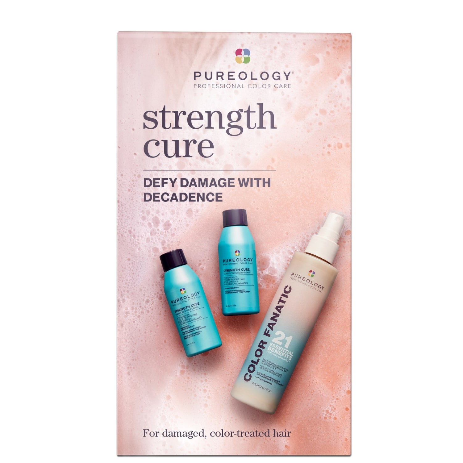 Pureology Strength Cure Discovery Set for Damaged Hair with Mini Shampoo and Conditioner 50ml with Color Fanatic Spray 200ml
