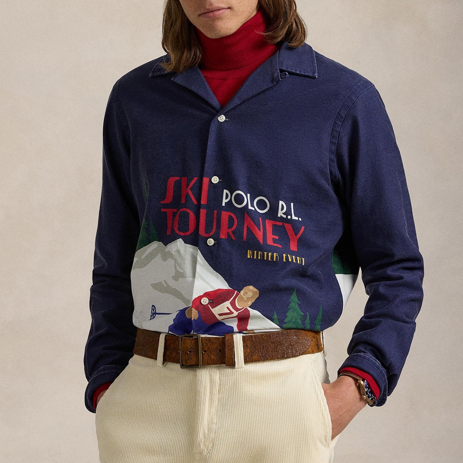 Polo Ralph Lauren Men's Classic Fit Ski Print Long Sleeved Shirt - Ski Tourney Poster Art - XXL