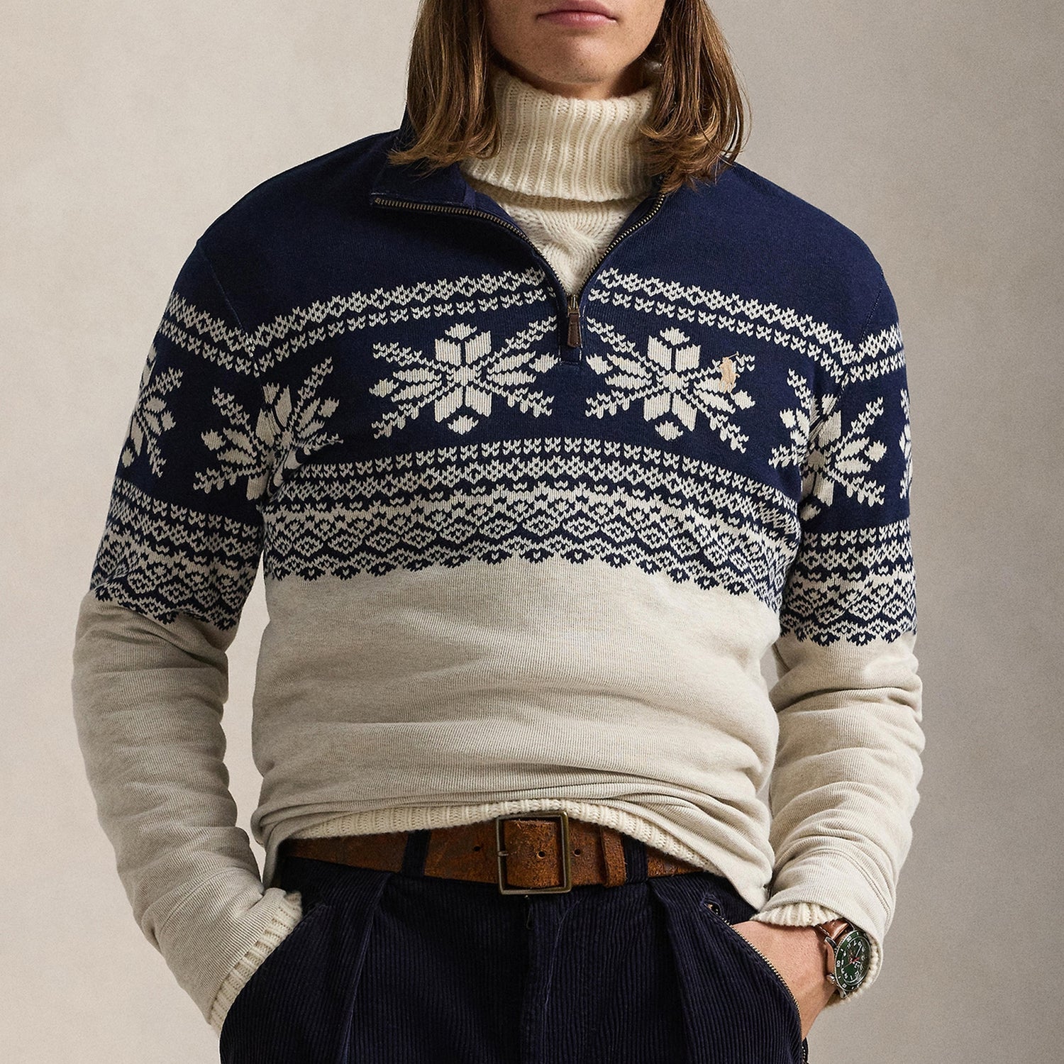 Polo Ralph Lauren Men's Half Zip Double Knit Jacquard Fairisle Jumper - Andres Geometric Navy - M