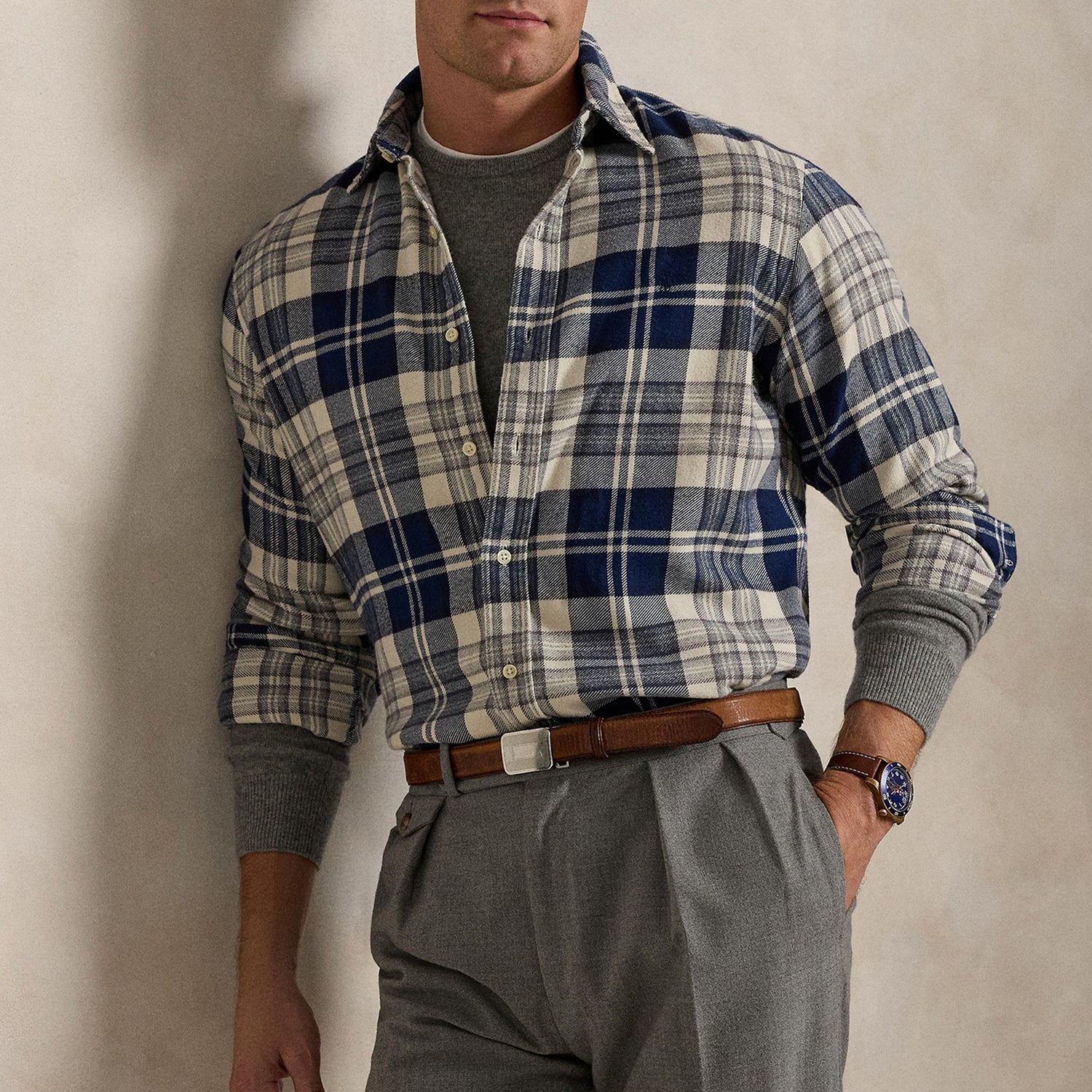 Polo Ralph Lauren Men's Custom Fit Checked Long Sleeved Shirt - Off White/Navy - S