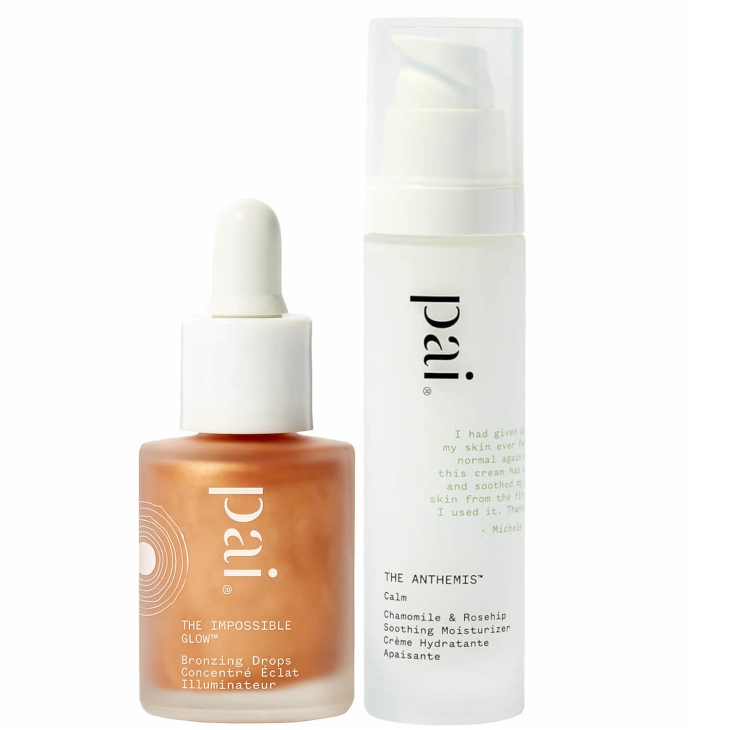 Pai Skincare The Impossible Glow Bronzing Drops 10ml and The Anthemis Chamomile and Rosehip Soothing Moisturiser 50ml Duo