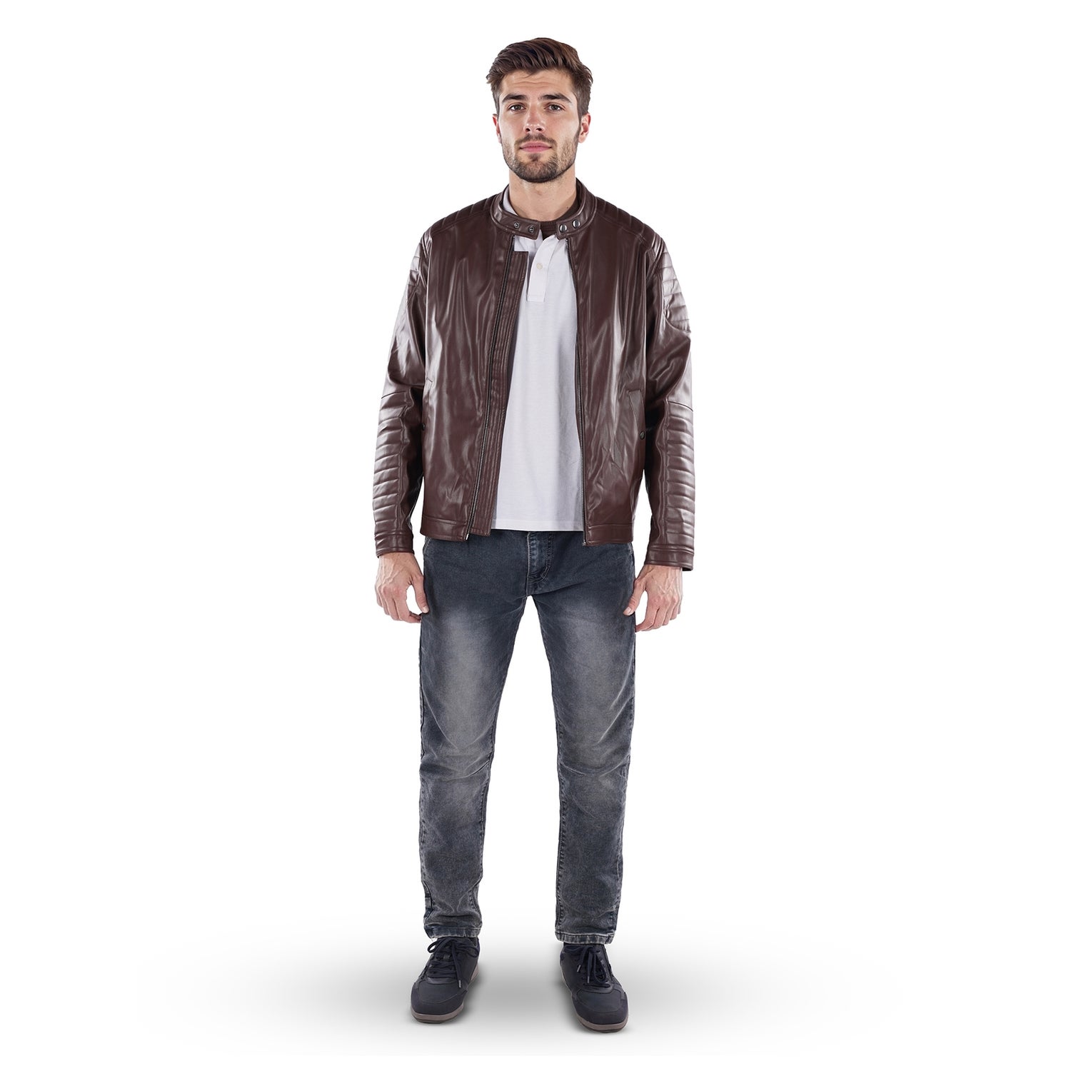 Men Brown Mandarin Collar Solid Regular Fit Polyamide Biker Jacket JUBIKER1 Celio