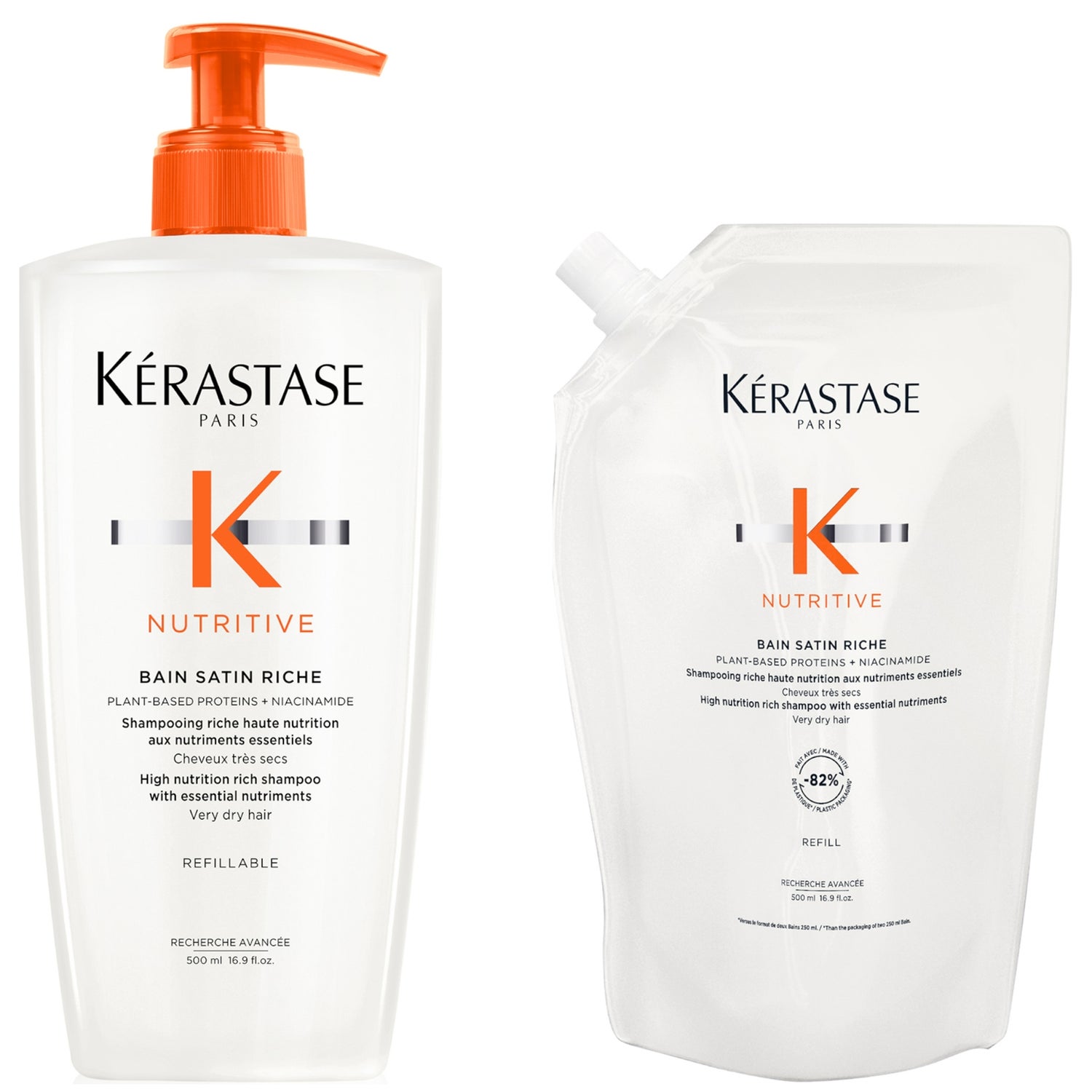 Kérastase Nutritive Bain Satin Riche Refillable Shampoo and Refill Pouch Duo for Fine to Medium Dry Hair with Niacinamide 500ml