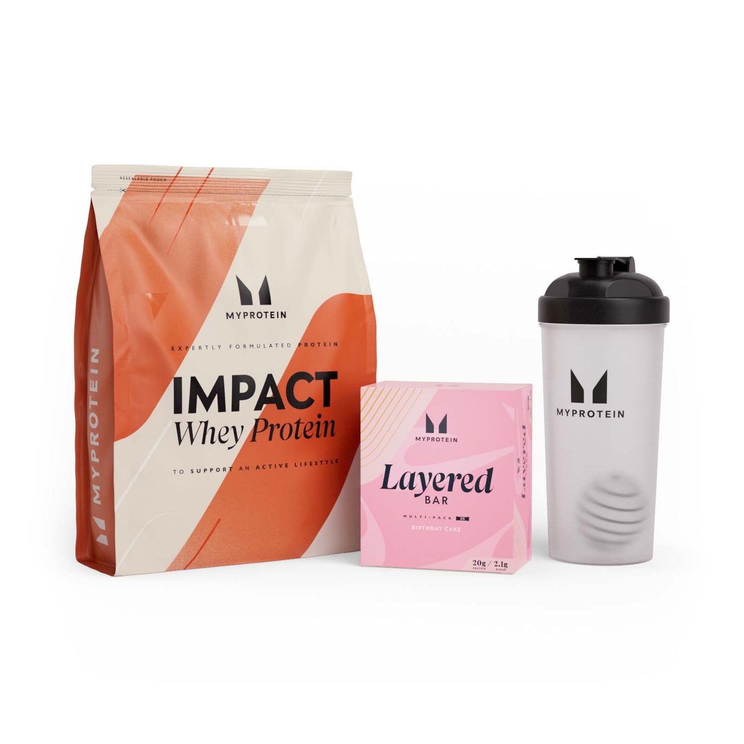 Paquete de Impact Whey Protein + barritas proteicas Layered - Vanilla Birthday - Strawberry Cream