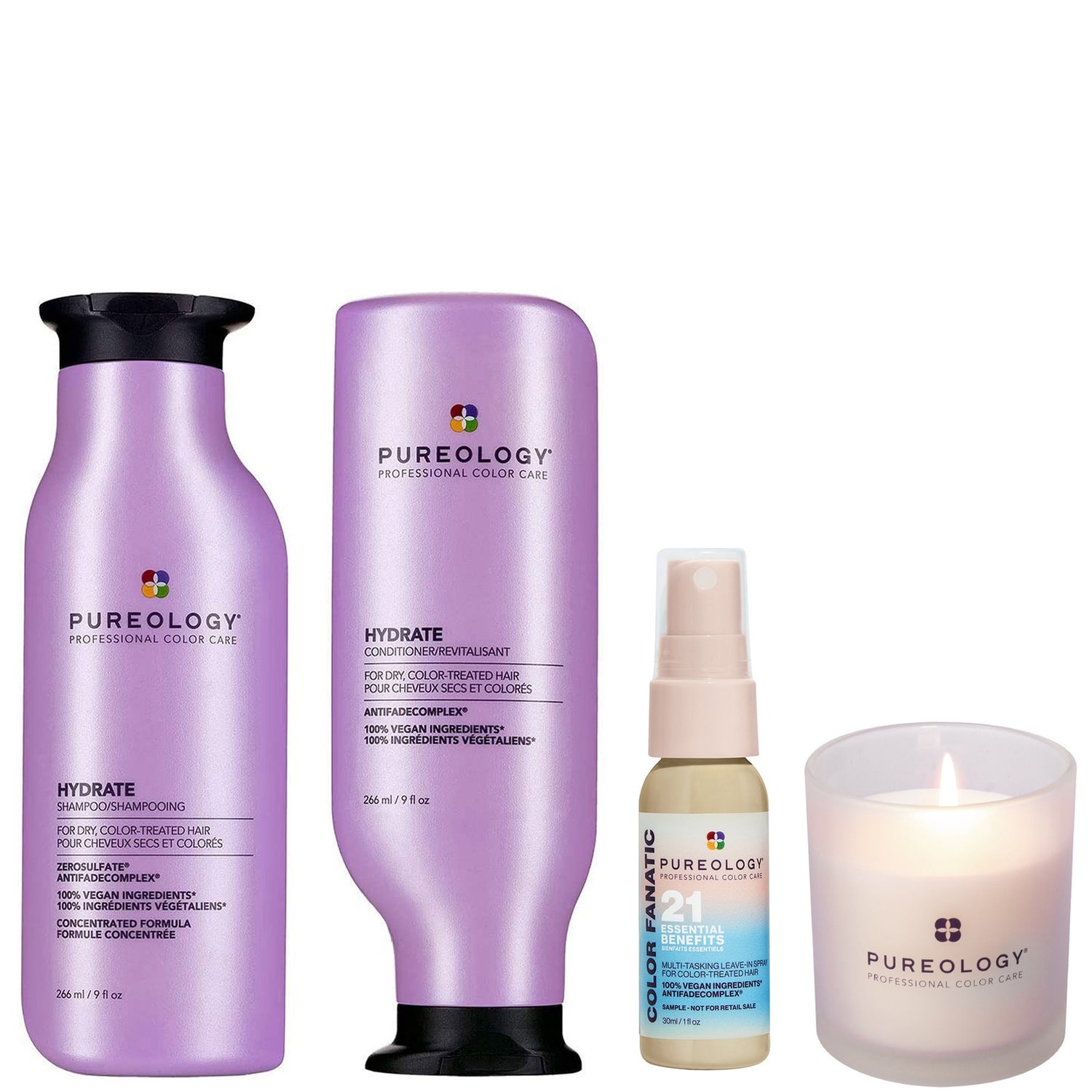 Pureology Hydrate Shampoo and Conditioner 266ml for Dry Hair, Mini Color Fanatic Spray 30ml and Pureology Candle Bundle