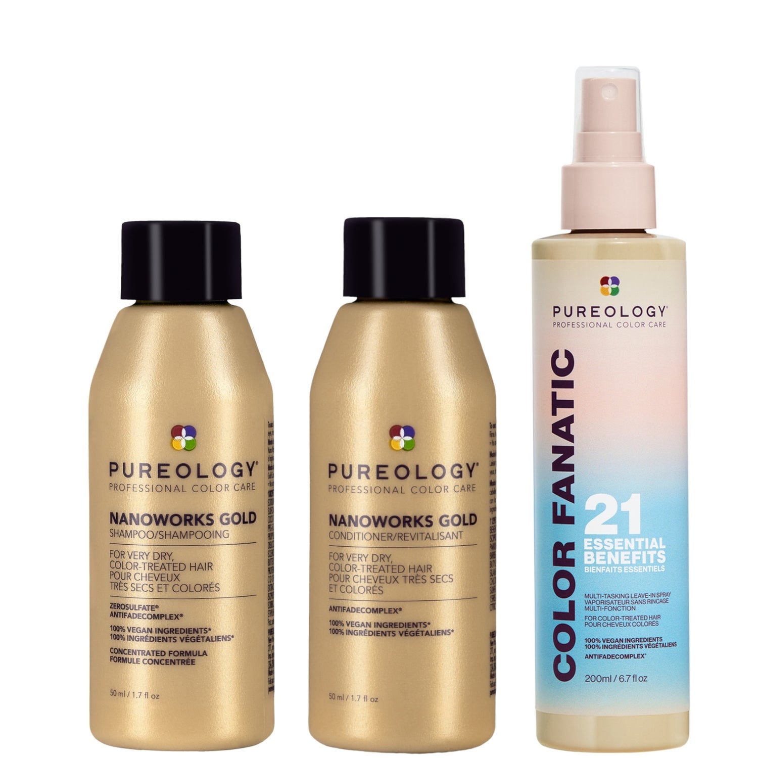 Pureology Color Fanatic 200ml, Nanoworks Gold Mini Shampoo 50ml and Conditioner 50ml Bundle