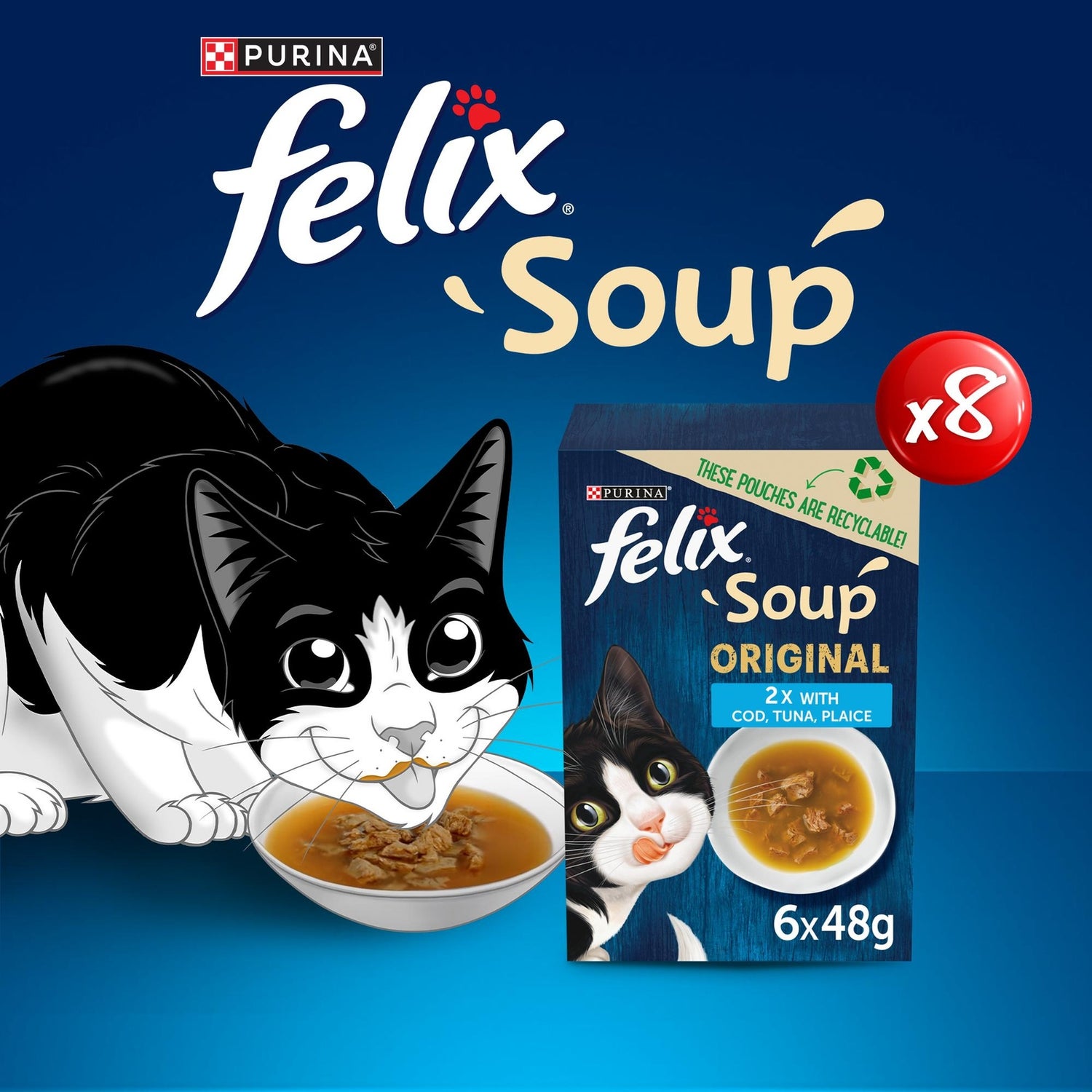 Felix Soup Fish Selection with Plaice, Tuna & Cod Adult Wet Cat Food 60x48g