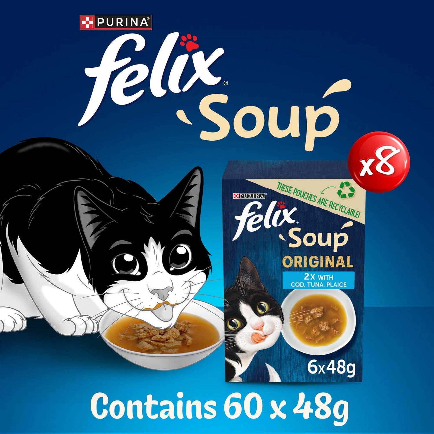 Felix Soup Fish Selection with Plaice, Tuna & Cod Adult Wet Cat Food 60x48g