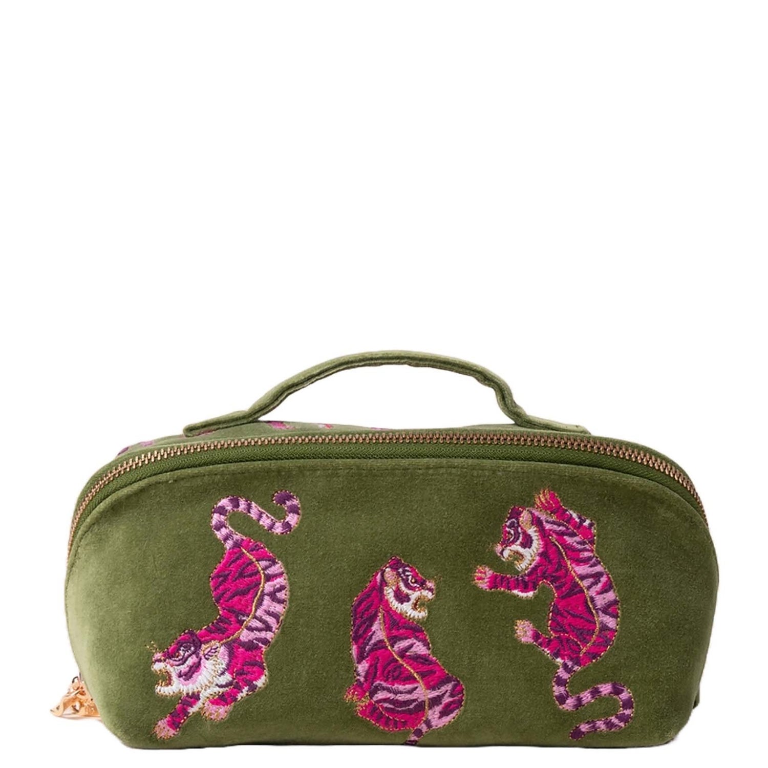 Elizabeth Scarlett Wild Tiger Fern Green Velvet Open Flat Makeup Bag