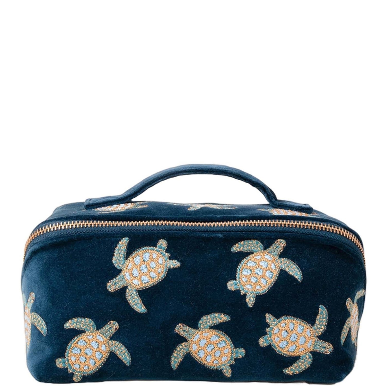 Elizabeth Scarlett Turtle Conservation Marine Navy Velvet Open Flat Makeup Bag