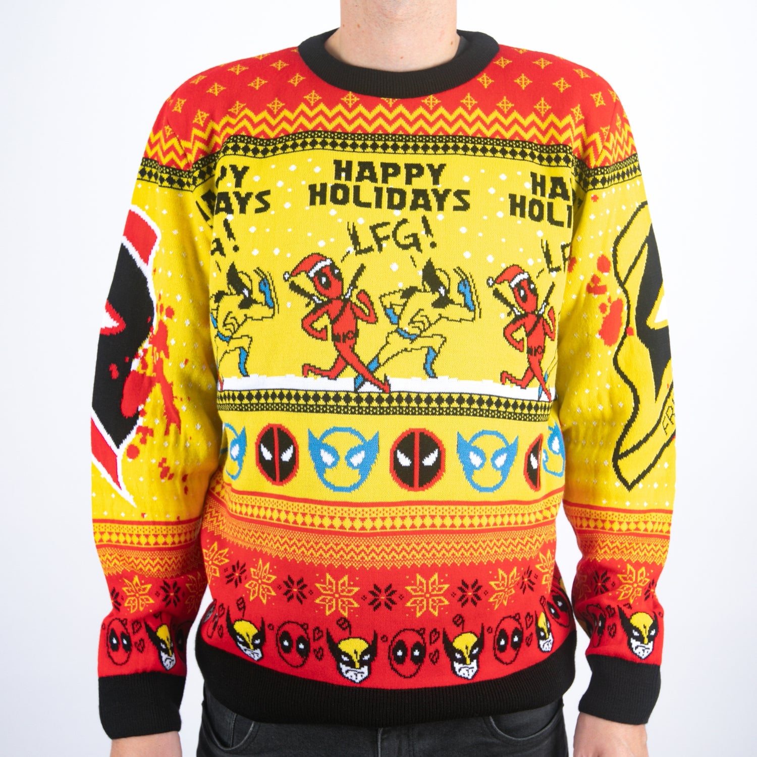 Deadpool and Wolverine Happy Holidays LFG Knitted Christmas Jumper Clothing Zavvi UK