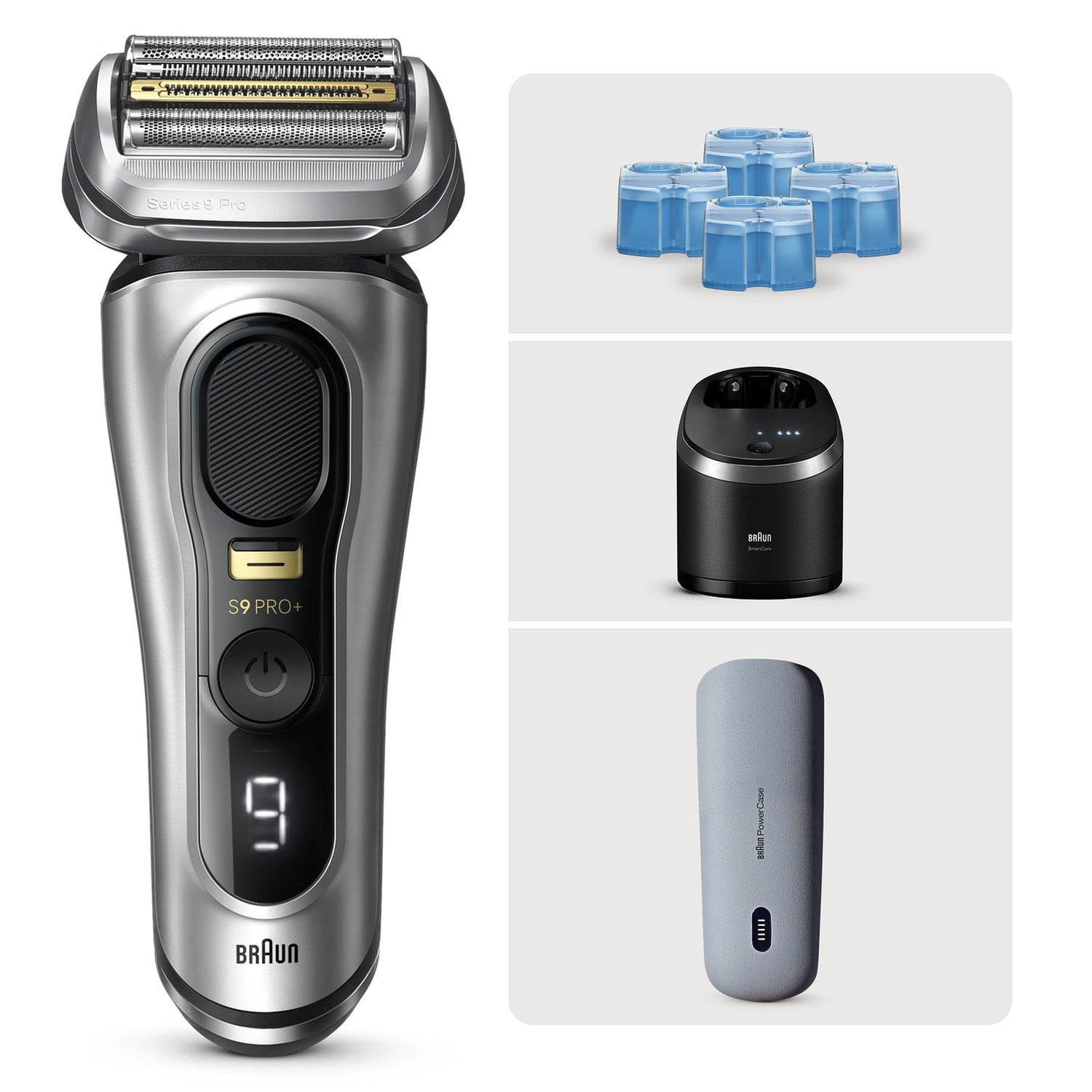 Braun Bundle: Series 9 Pro+ Elektrorasierer 9577cc und 3-in-1 ShaverCare Reinigungskartuschen, 4x