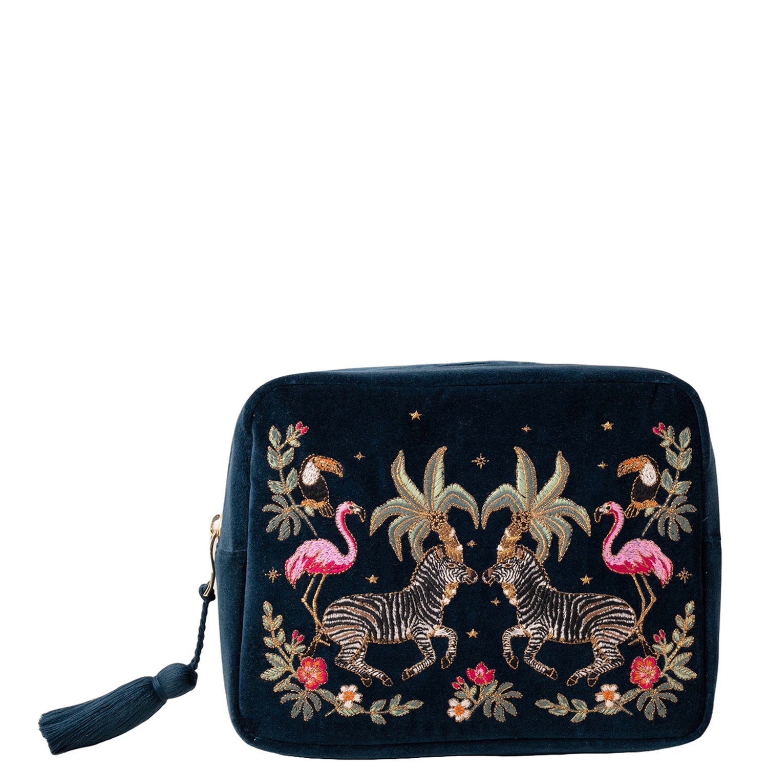 Elizabeth Scarlett Wild Zebra Palm Navy Velvet Wash Bag