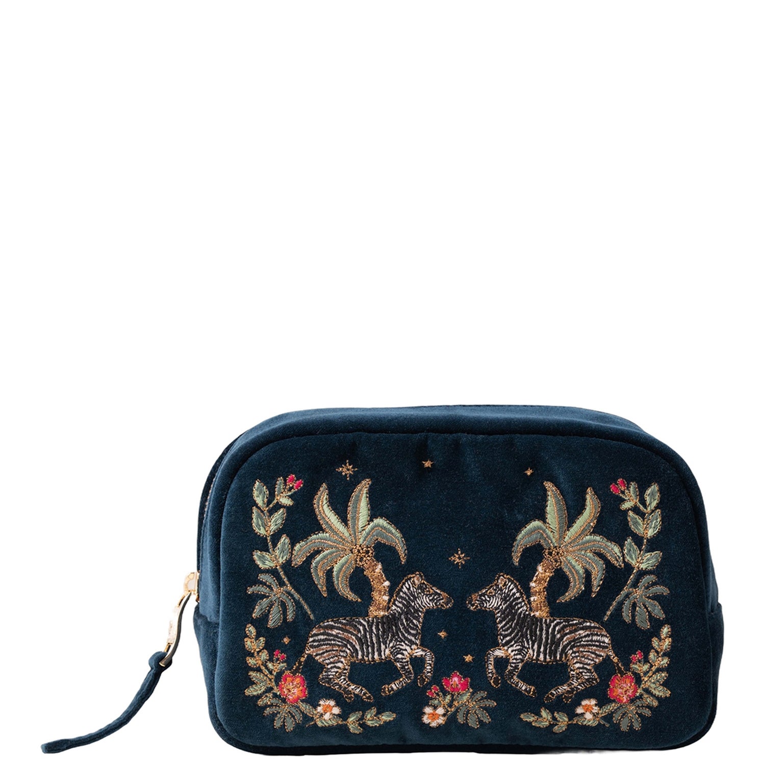 Elizabeth Scarlett Wild Zebra Palm Navy Velvet Makeup Bag