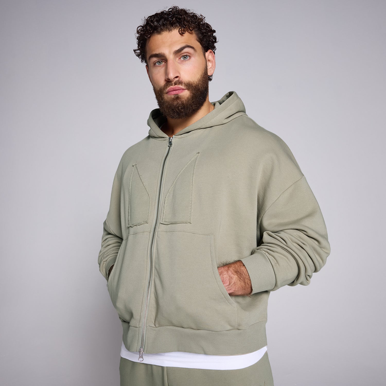 MP Men's 2 Way Zip Applique Hoodie  - Deep Sage - XS