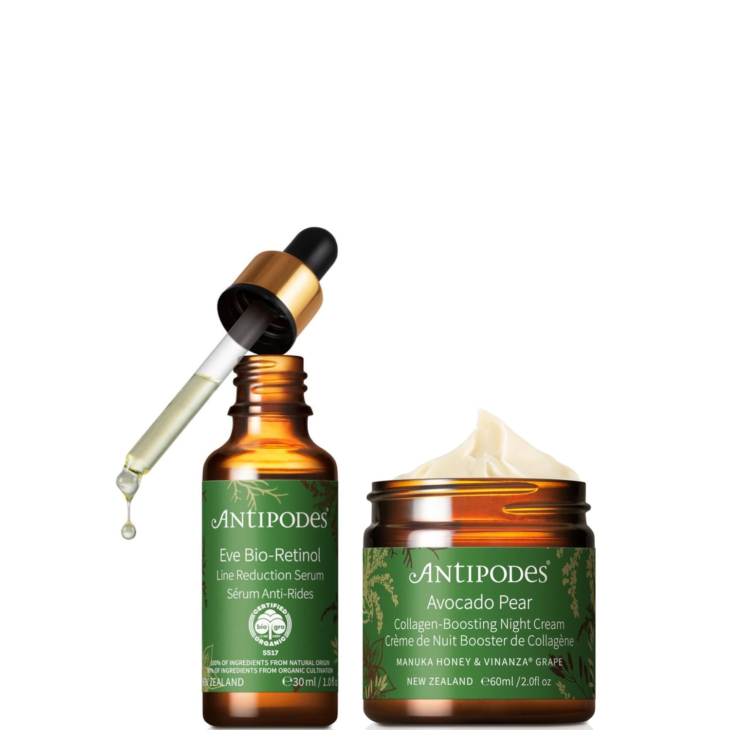 Antipodes Eve Bio-Retinol Line Reduction Serum 30ml, Avocado Pear Collagen-Boosting Night Cream 60ml Bundle