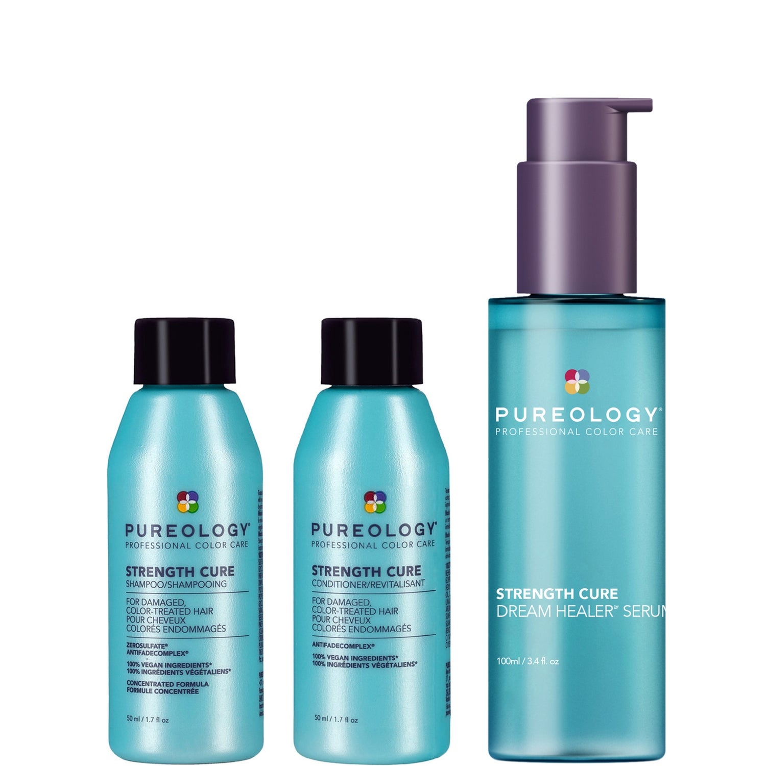Pureology Strength Cure Shampoo Mini 50ml, Conditioner Mini 50ml and Dream Healer Serum for Damaged Hair 100ml