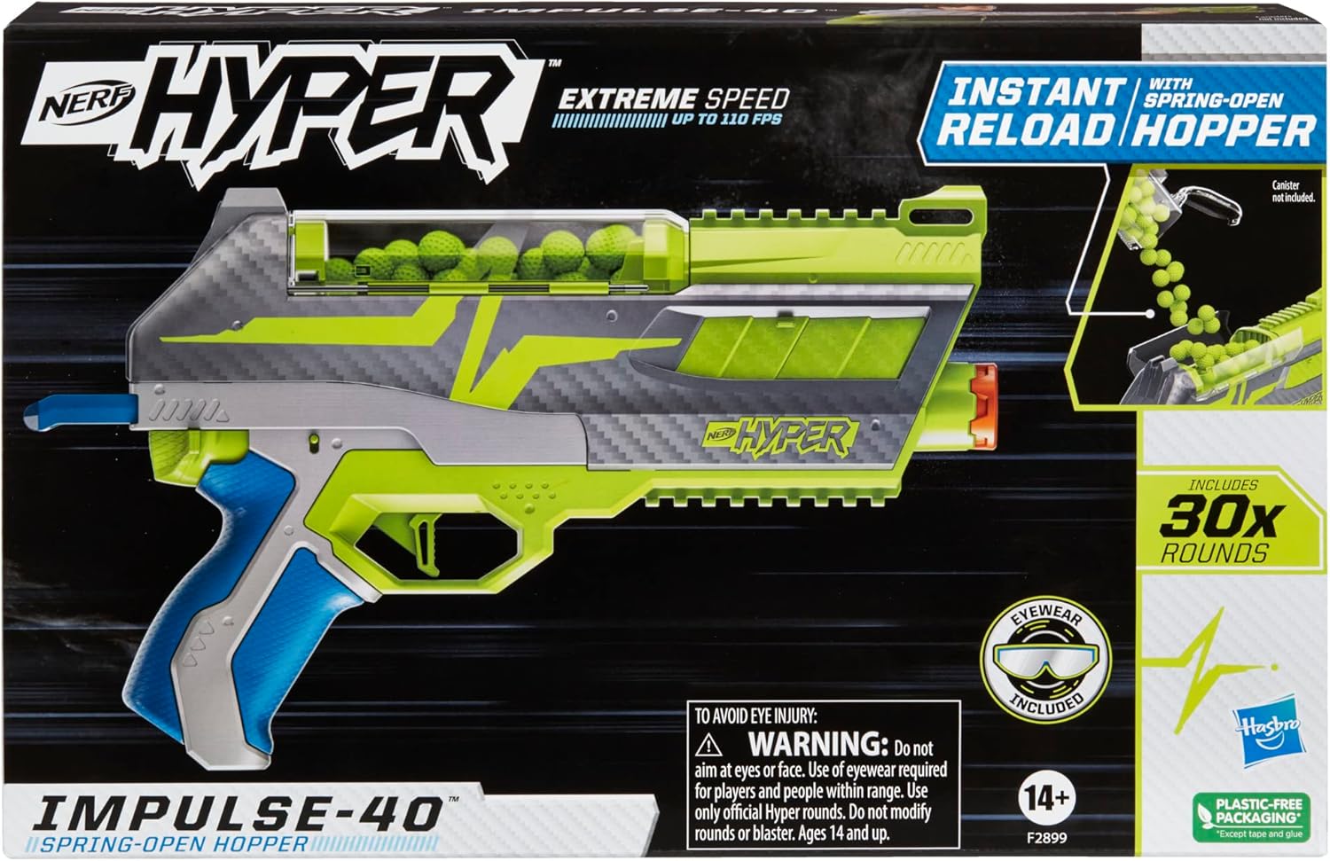 Nerf Hyper Impulse-40 Blaster, Spring-Open Hopper, Up To 110 FPS Velocity, 30 Nerf Hyper Rounds, Eyewear