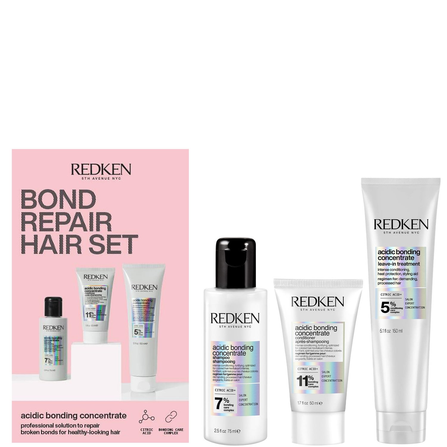 Redken Acidic Bonding Concentrate Discovery Set, Leave-In Treatment 150ml, Shampoo 75ml, Conditioner 50ml