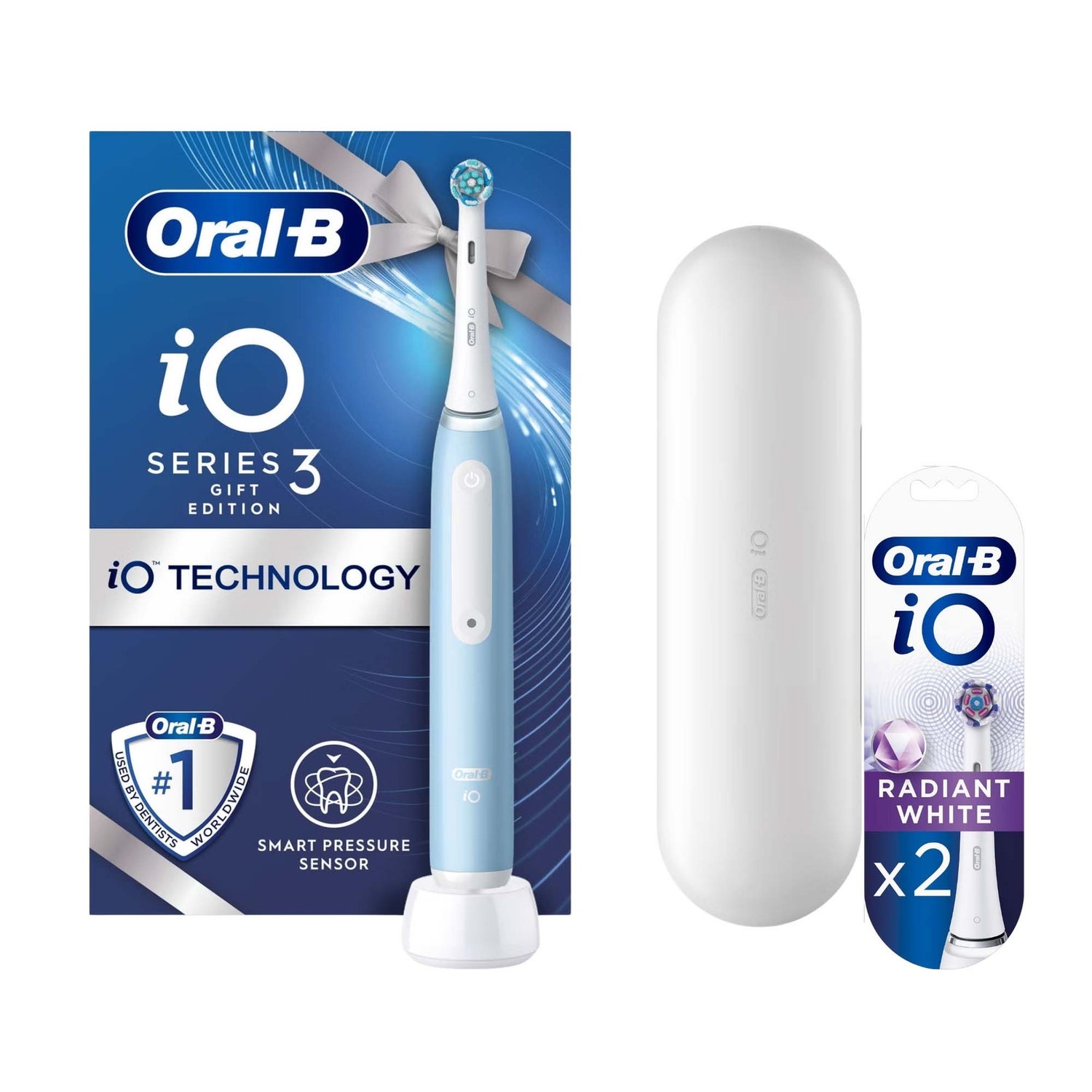 Oral-B iO3 Ice Blue with Travel Case +2 Refills (Radiant White)