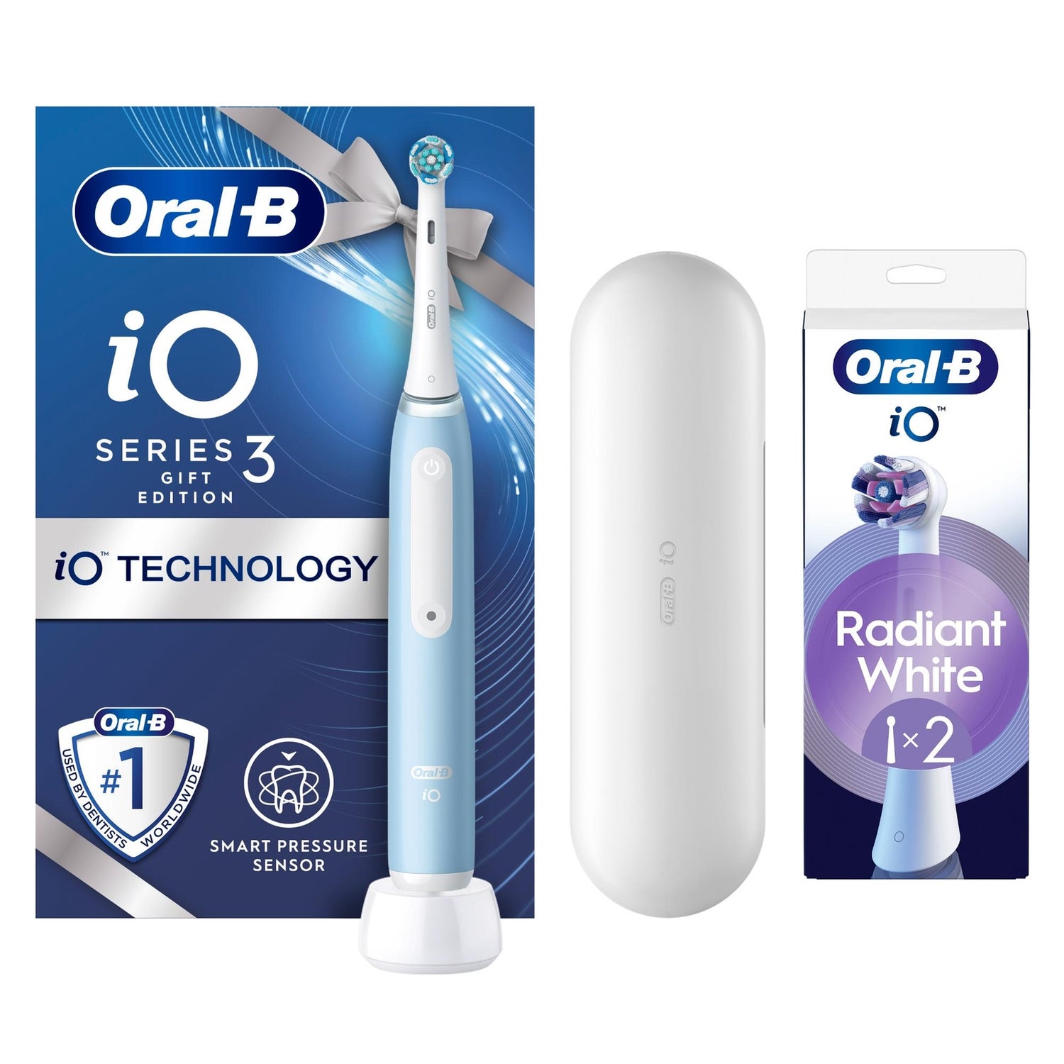 Oral-B iO3 Ice Blue with Travel Case +2 Refills (Radiant White)