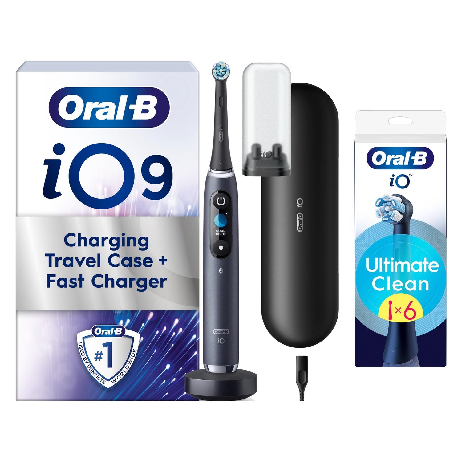 Oral B iO - 9 - Electric Toothbrush Black Designed by Braun with Charging Travel Case +6 Refills