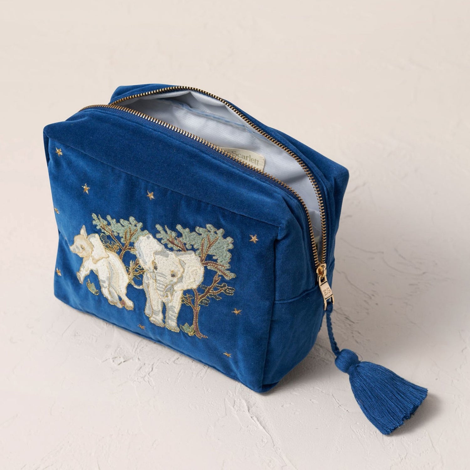 Elizabeth Scarlett Baby Elephant Conservation Navy Velvet Wash Bag