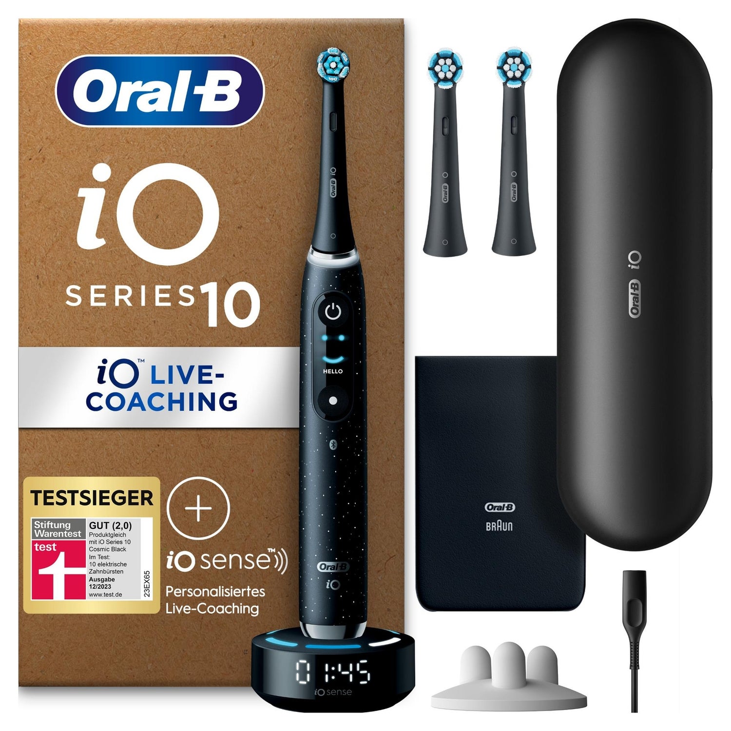Oral-B iO Series 10 Plus Edition Elektrische Zahnbürste, Lade-Reiseetui, Cosmic Black, Sensitive Edition, recycelbare Verpackung