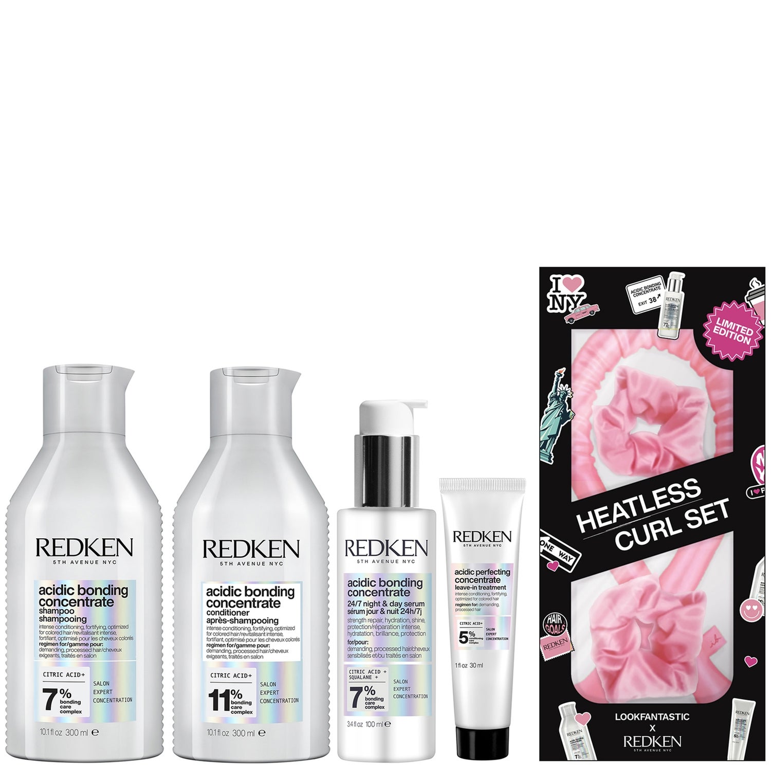 Redken Acidic Bonding Concentrate Shampoo 300ml, Conditioner 300ml, Serum 100ml, Leave-In Treatment 30ml and Heatless Curl Set